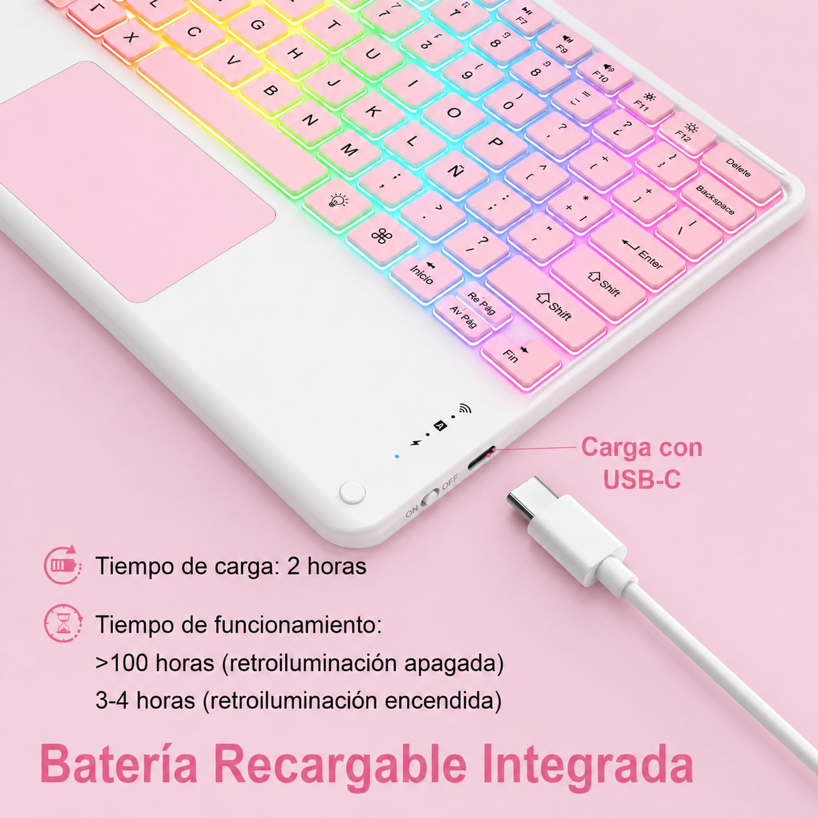 Teclado Bluetooth con Touchpad para iPad,Teclado Español Ñ Inalámbrico Retroiluminado para Tablets,Android,iOS y Windows,Teclado con 7 Colores Recargable Portátil QWERTY para iPad,Samsung,Huawei — view 6