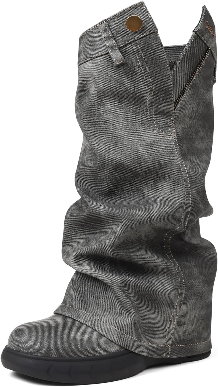 Kalstage Womens Denim Mid Calf Boots Fold Over Slouchy Platform Wedge Booties Vintage Y2k Shark Blue Jean Boots