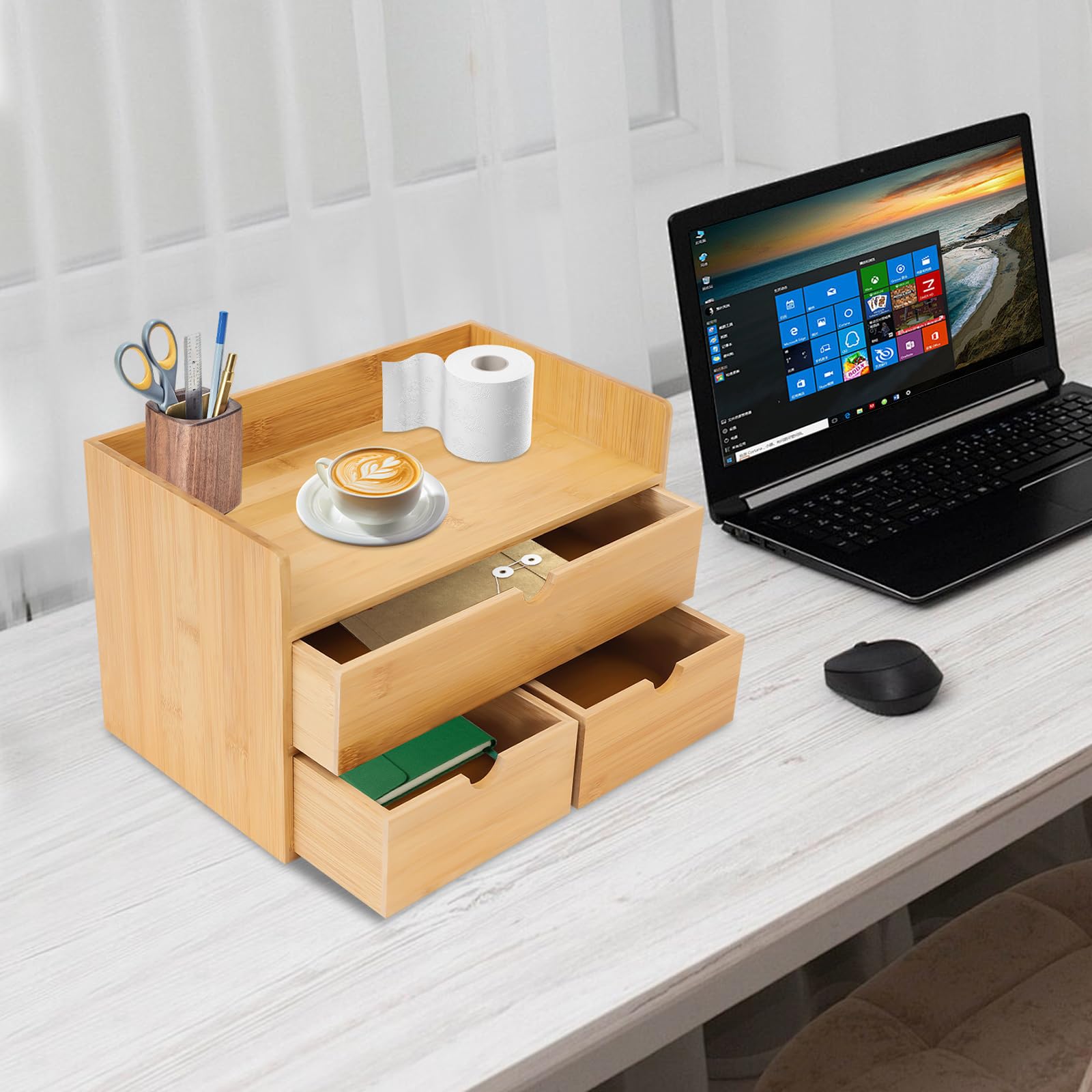 Organizer da scrivania in bambù, 30 x 19 x 20 cm, con 3 cassetti, bordi rotondi e piedini antiscivolo, organizer multifunzionale per la casa, l'ufficio, la camera da letto e la decorazione