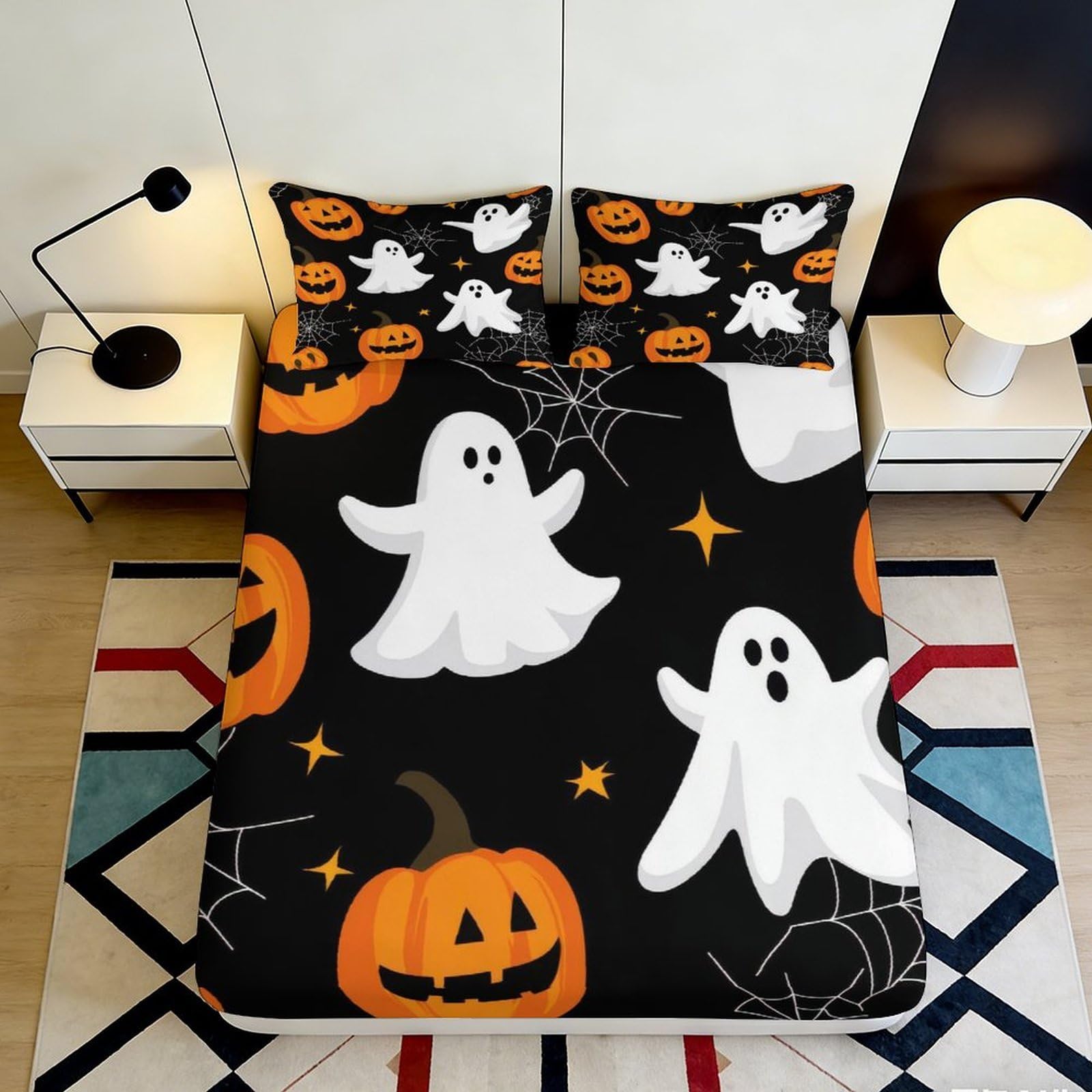 3D Printed Halloween Ghost Fitted Sheet Microfiber Pumpkin Bed Cover Black Orange for Bedroom Dorm Mattress Protection 140x200x25cm