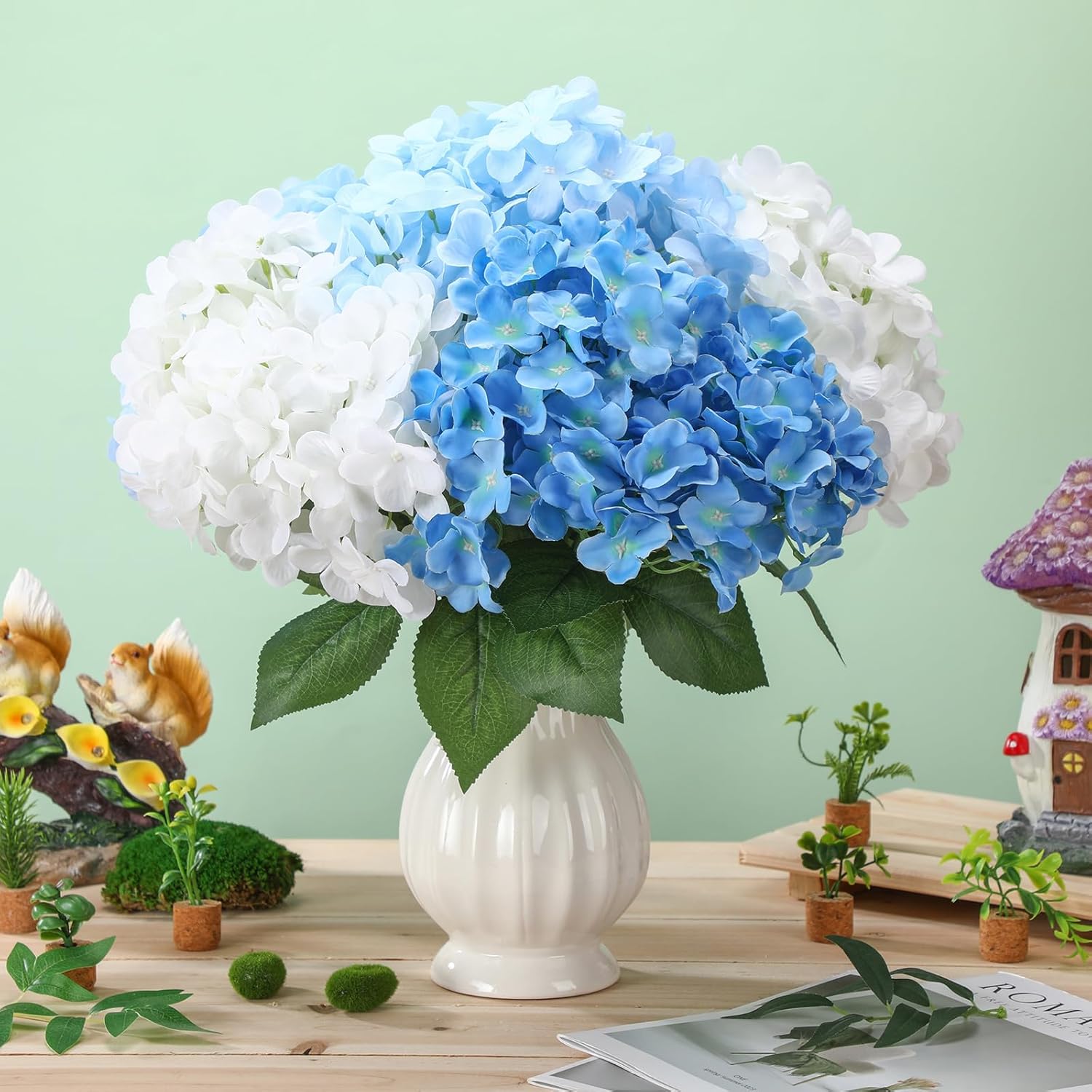 Suncalla Blue and White 6 Bundles Hydrangea Artificial Flowers Bulk 30 Heads 20'' Faux Fake Hydrangea for Spring Graves Easter Decor Porch Indoor Outdoor Home Garden Wedding Table Centerpieces