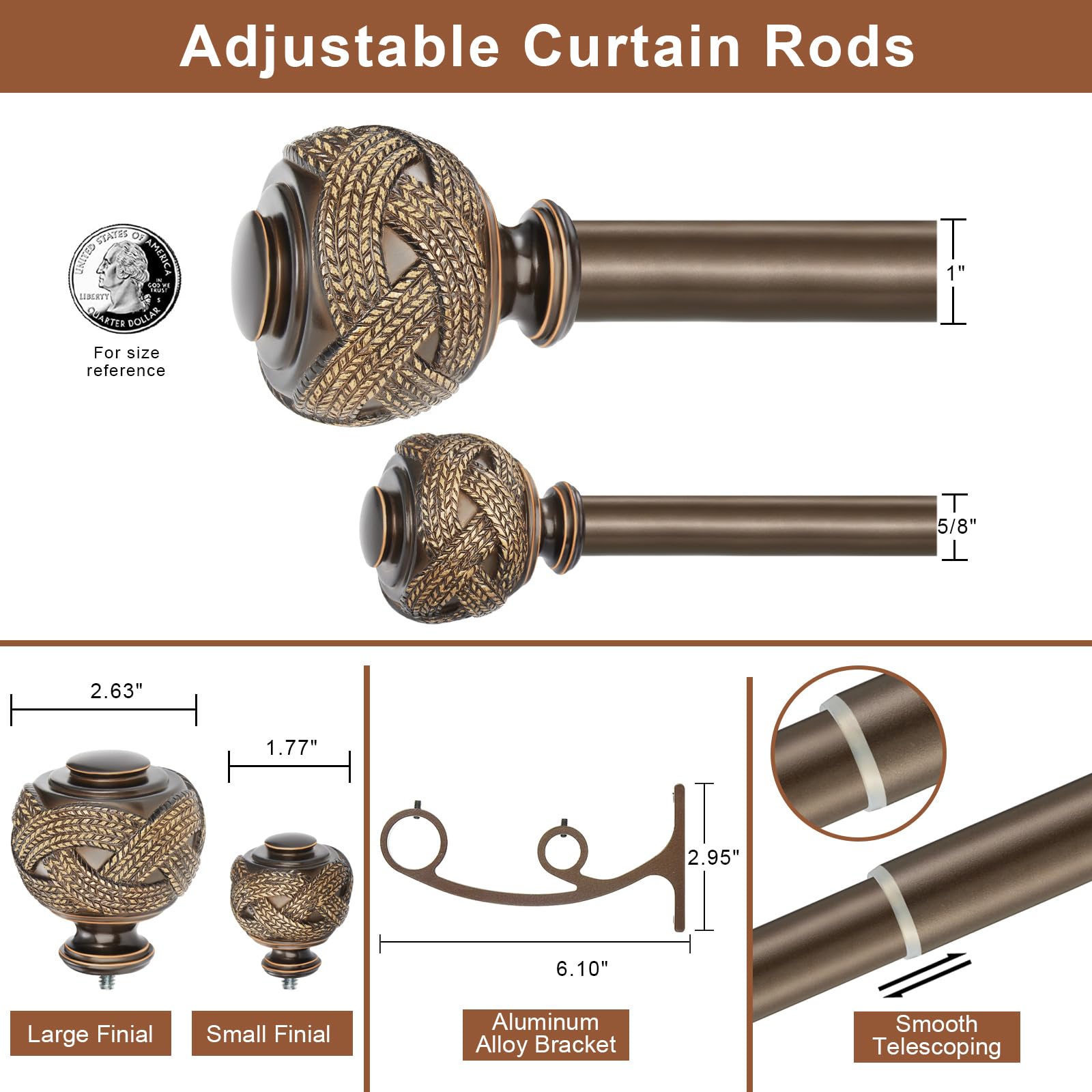 Bastone per tende doppie per finestre 91-182 cm, bronzo antico doppio bastone per tende con terminali classici, resistente 2,5 cm anteriore e posteriore 1,5 cm bastone decorativo per tende doppie aste