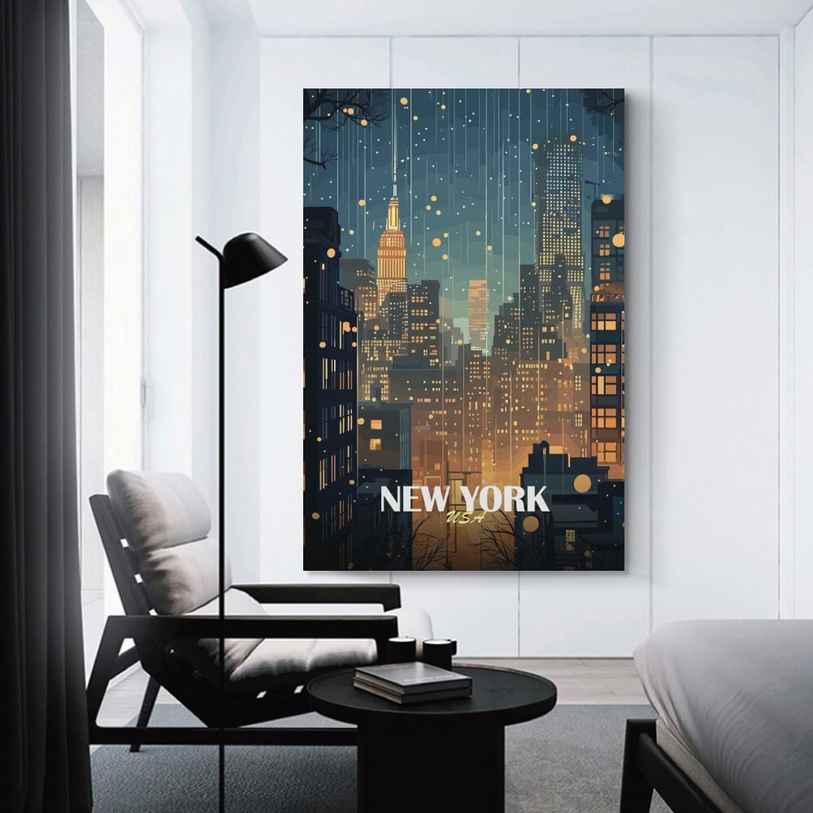 Junmoney New York Cityscape at Night Hanging Wall Art 20x30inch(50x75cm), for Small Homes, Bedrooms Or Open Spaces, Decorative Canvas Decor for Home Updates