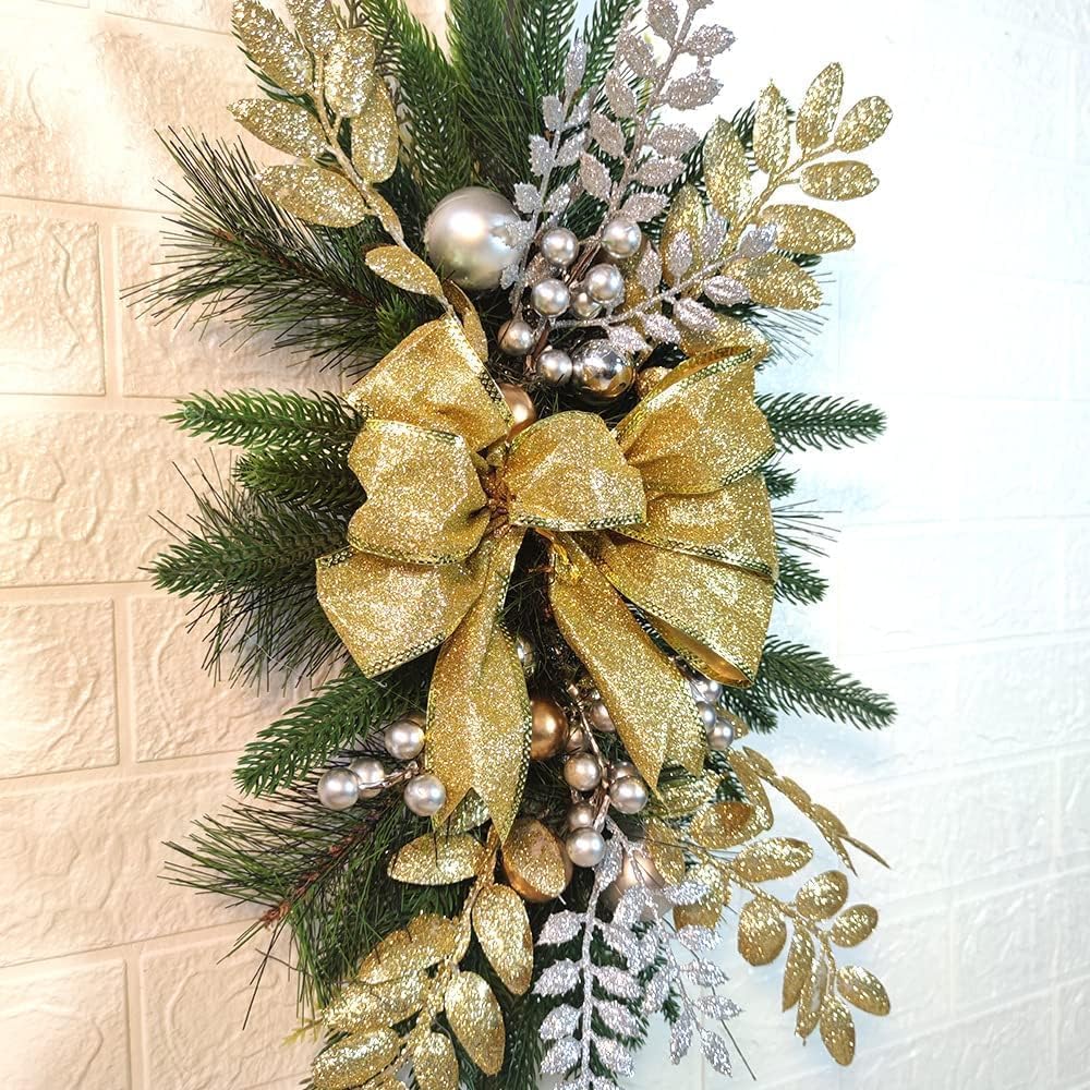Christmas Teardrop Swags Cordless Prelit Stairway Swag, for Stairway Swag Led Artificial Rails Swag Wreaths Lighted Stairway Garland Hanging Ornament, for Front Door Home Decor (Gold,4Pcs-A)