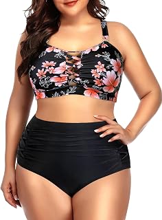Daci Women Plus Size Two Piece Bikini Swimsuit High Waisted Bottom Ruched Lace Up Bathing Suit