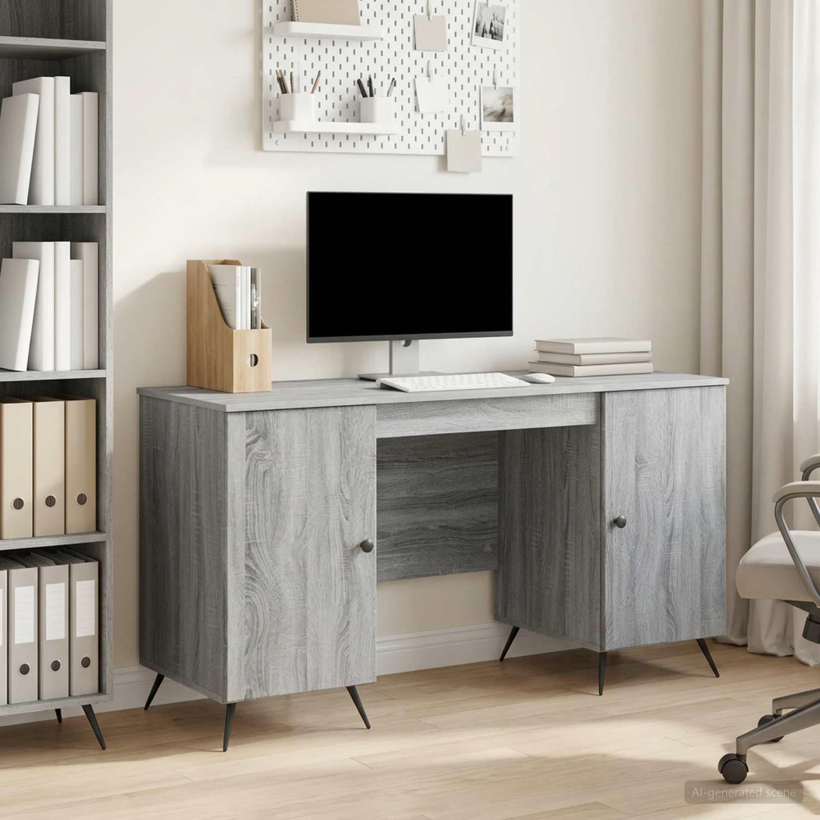 Schreibtisch Graues Sonoma 142,5 x 50 x 75 cm Holzwerkstoff mit Stauraum und Schublade, für Homeoffice Büro PC Arbeit und Laptop Gaming Lernen