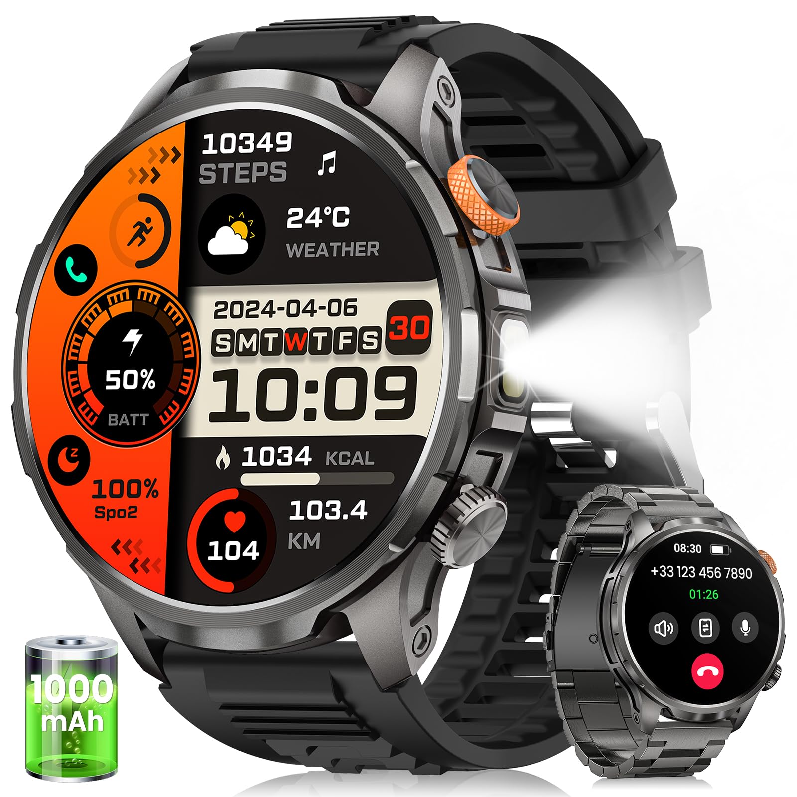 Reloj Inteligente Hombre con 1000mAh Batería y Linterna, Negro