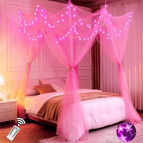Toldo de cama rosa con luces para niñas, toldo de 8 esquinas con luces LED de estrella rosadas, control remoto para dormitorio de niñas, toldo de