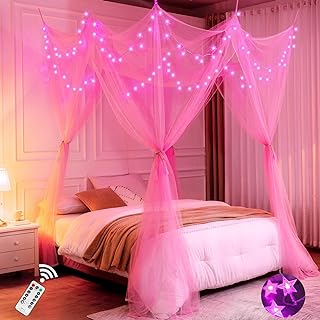 12 Pink Bedroom Ideas for Soft Pretty Warm Character 39 Lovelite Pink Bed Canopy with Lights for Girls, 8 Corners Post Canopy Be...