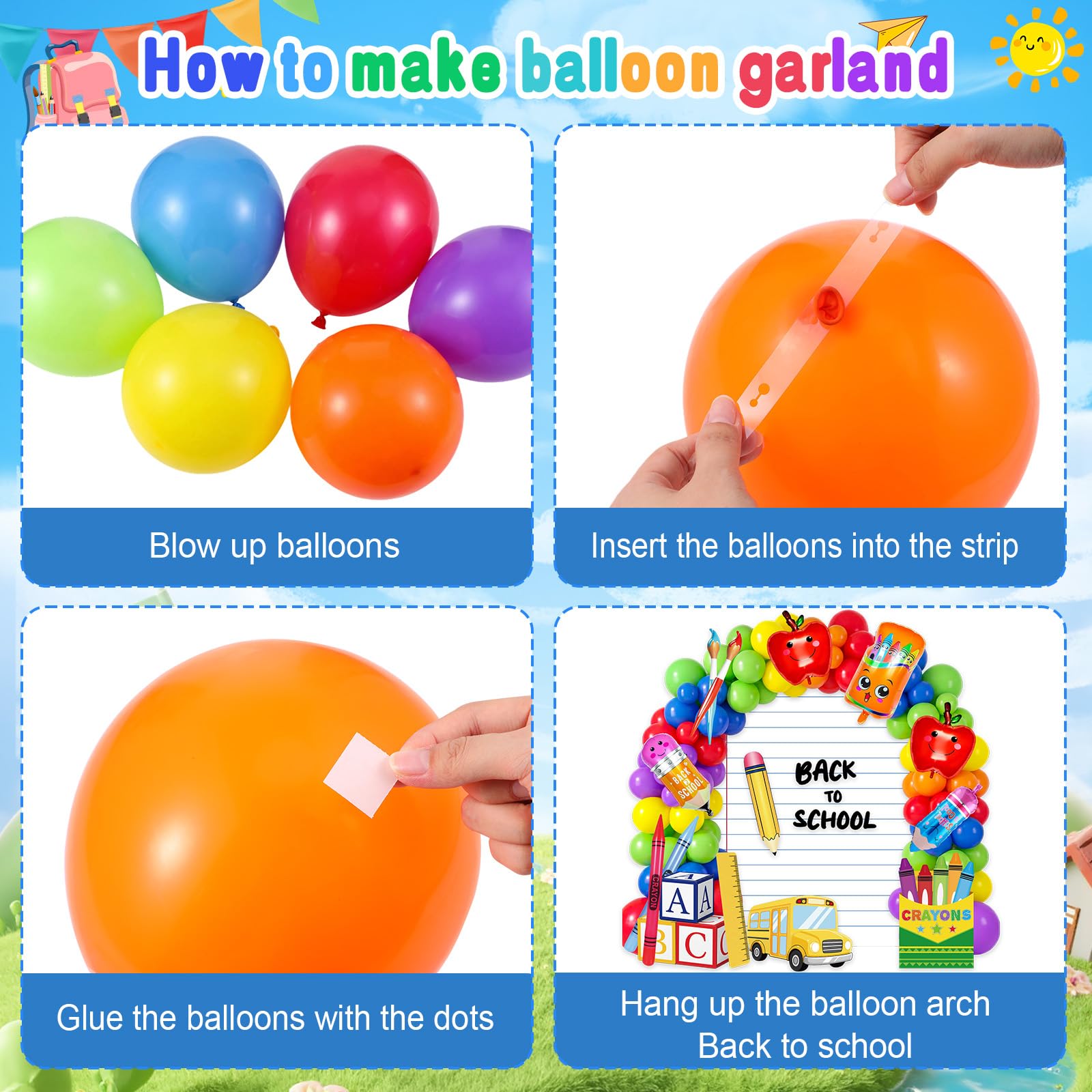 Kit de arco de guirnalda de globos para el regreso a la escuela, 168 piezas, con telón de fondo, globos arcoíris, globos de aluminio, cajas de autobús ABC, decoración de crayones inflables para