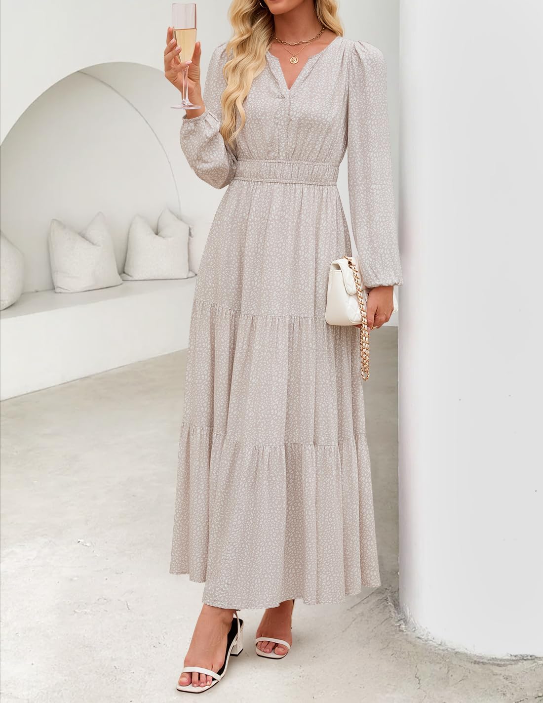 ZESICA Spring Dresses for Women 2026 Long Sleeve Boho Floral V Neck Empire Waist A Line Casual Flowy Wedding Guest Maxi Dress - Image 4