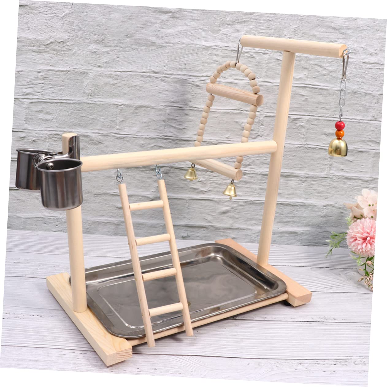 Parco Giochi Per Pappagalli in Legno Ciotola in Acciaio Inox Scala Ponte Sospeso Anello Campana Giocattolo Per Uccelli Altalena Giocattolo Per Pappagallo