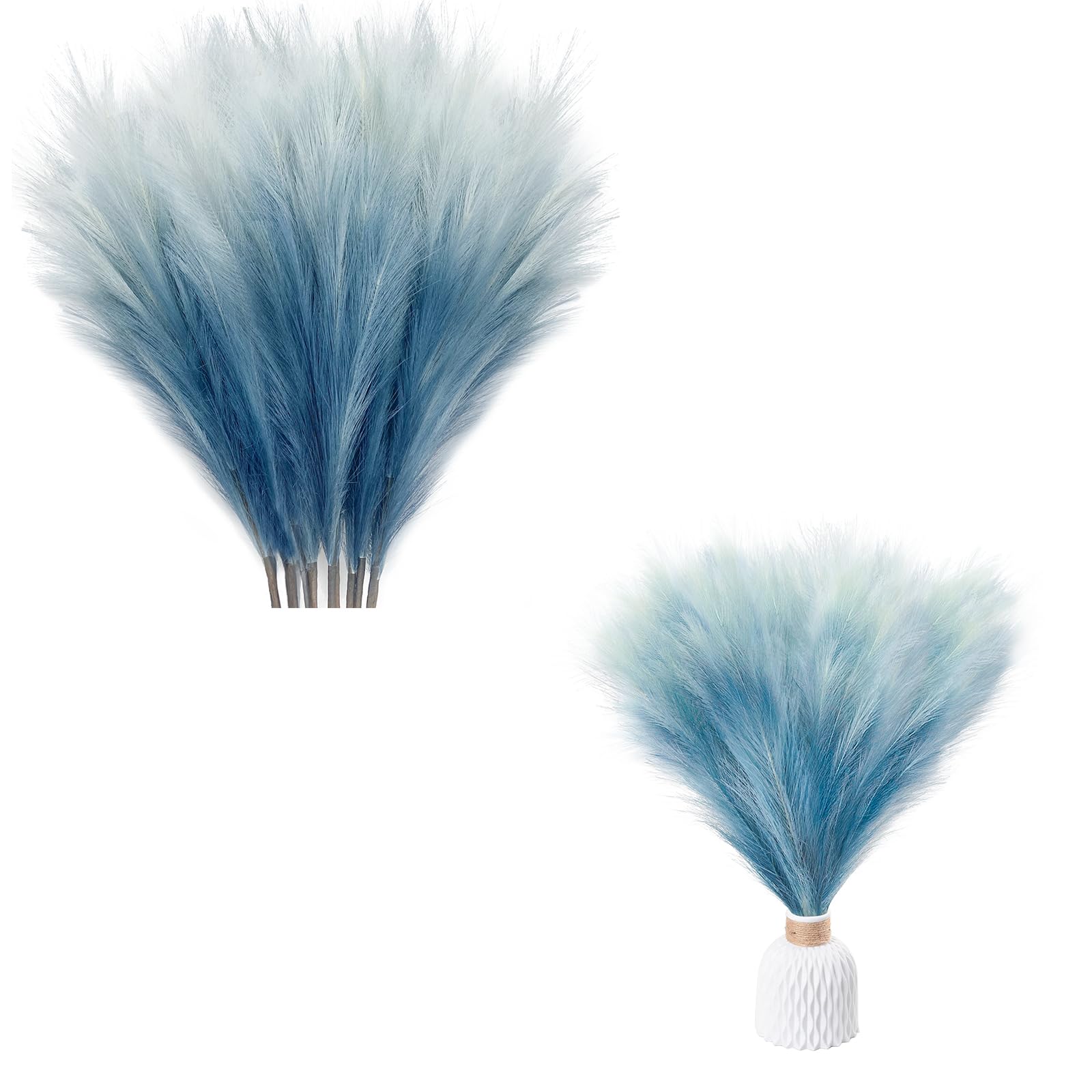 Blue Colorful Faux Pampas Grass, KALYLOC Fluffy Artificial Bulrush Branches Boho Decor, Filler Tall Pampas Grass Reed Fluffy Stems for Living Room Wedding Decoration