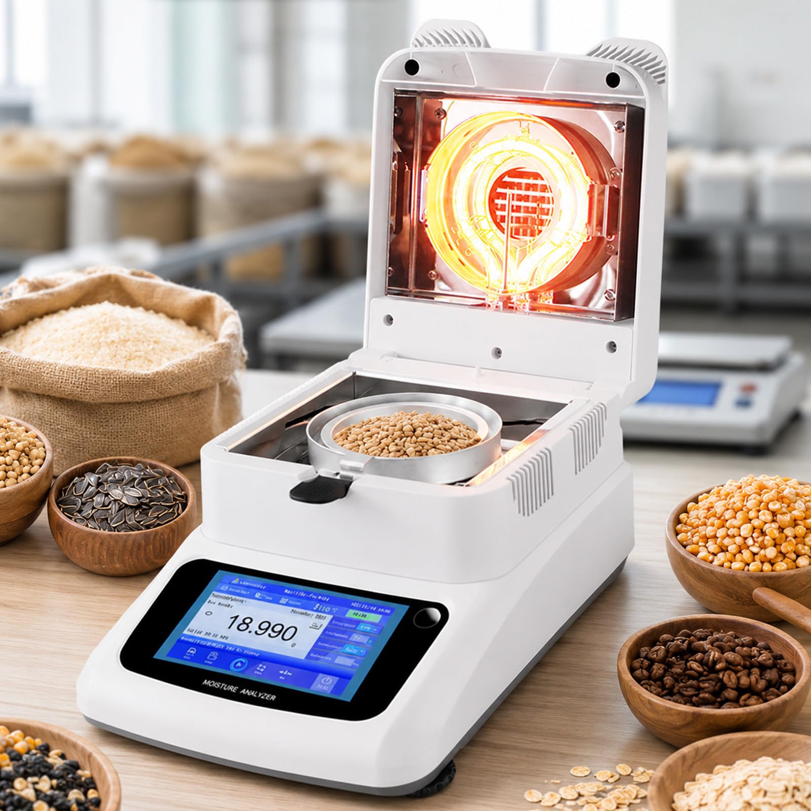 pealiritansemen Moisture Analyzer with RS-232 Interface, 120g Halogen Moisture Balance, 5-Inch Touch Screen, 0.01% Moisture Readability, for Food Processing, Agriculture And Lab Testing A-1205