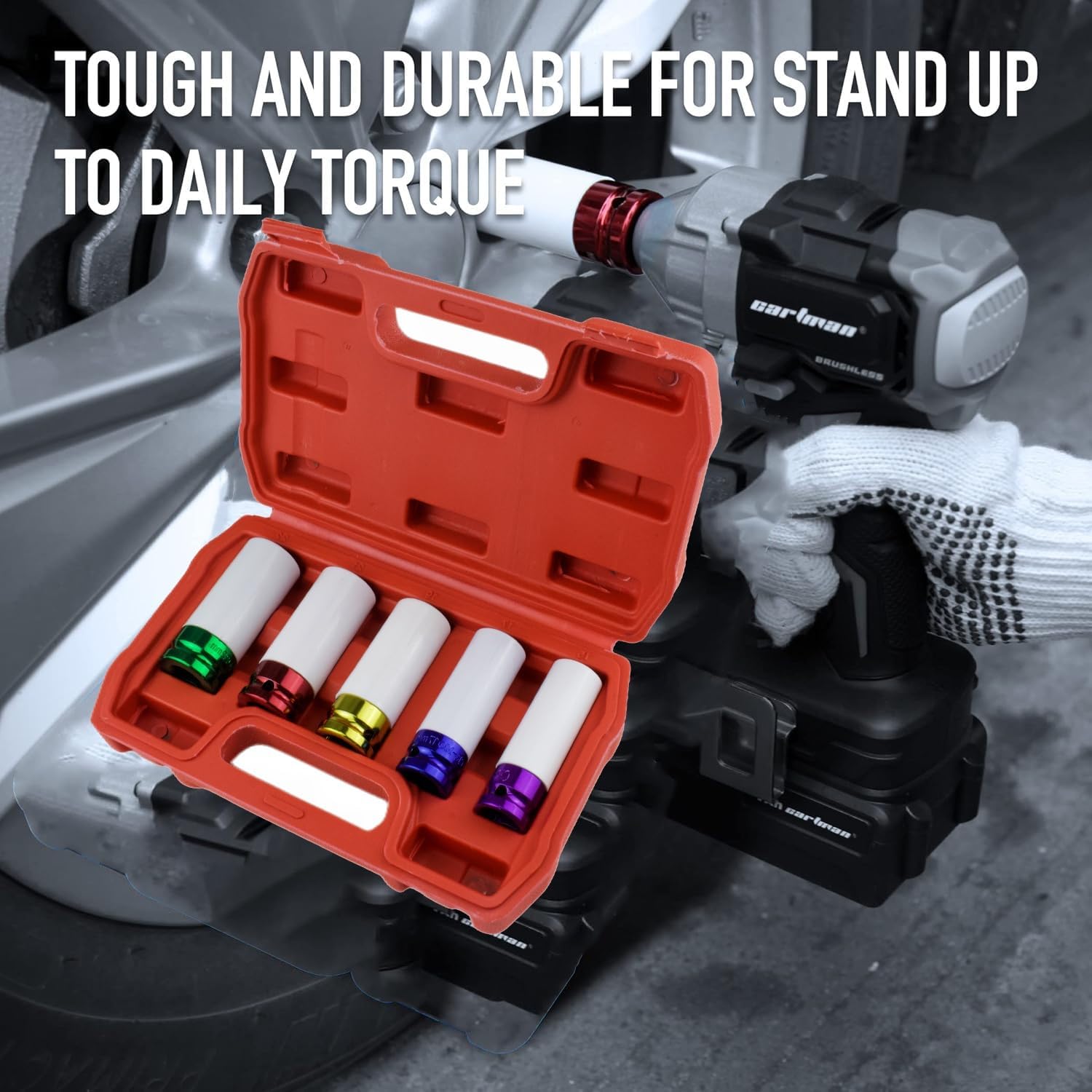5-Pieces 1/2 Inch Lug Nut Socket Set, Drive Wheel Protector Socket, Deep Non-marring Impact Socket Set for Tire Protection (15mm 17mm 19mm 21mm 22mm)