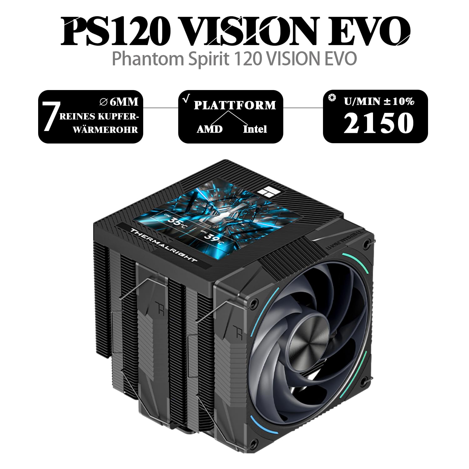 TR-Thermalright Phantom Spirit 120 Vision EVO, chłodzenie CPU, dwie wieże z 7 rurkami cieplnymi, ekran IPS 3,95 cala, dwa wentylatory 120 mm PWM, dla AM5/AM4, Intel LGA1851/1700/1150/1151/1200