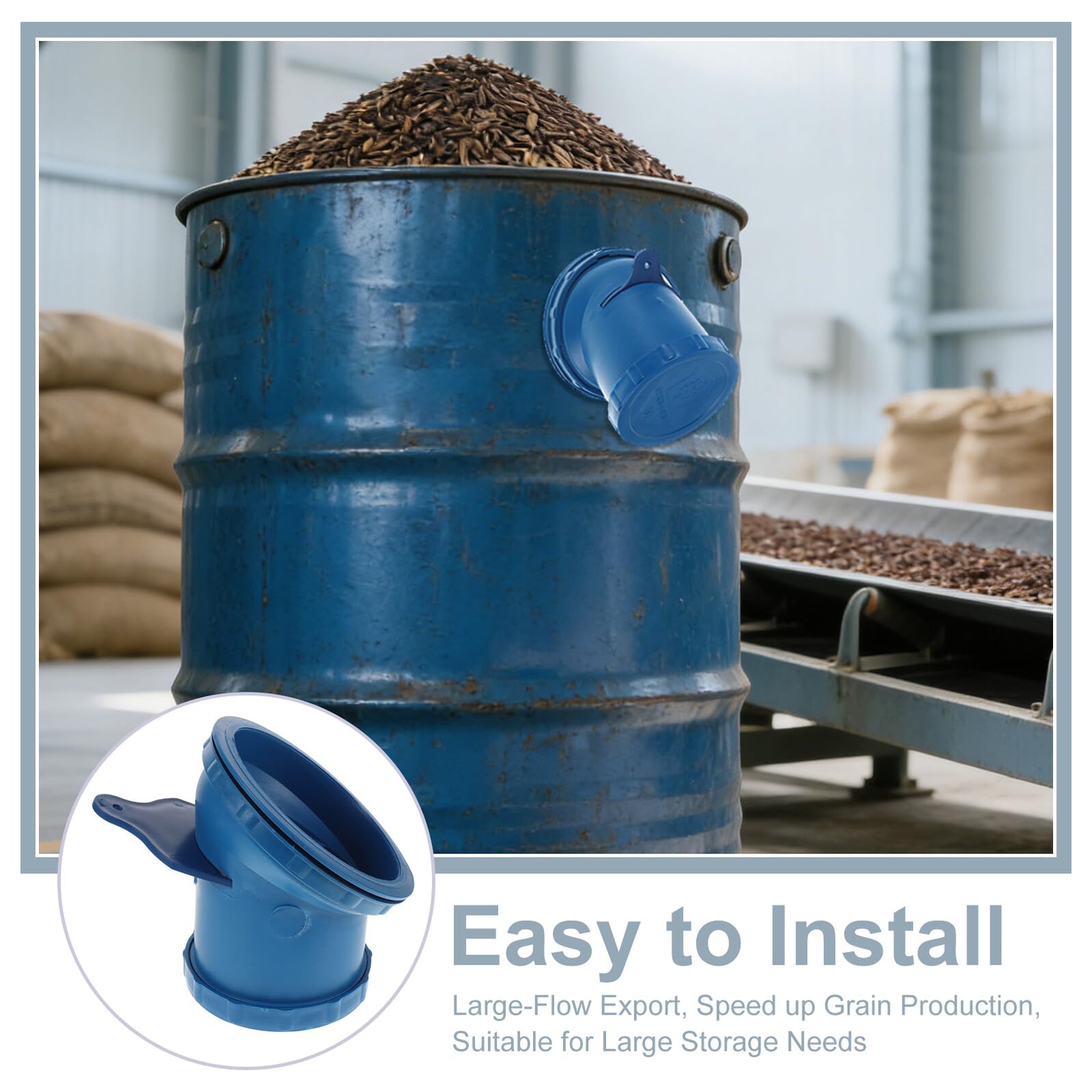 iplusmile Vanne de Déchargement de Fût de Stockage de Céréales en Plastique Bleu, Grosse Capacité, Facile à Entretenir, Sortie pour Silo à Grain et Riz