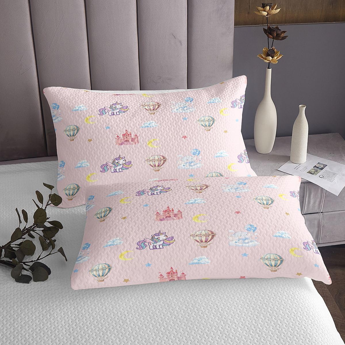 Homewish Cute Unicorn Bedspread Twin Size,Castle Hot Air Balloon Bedding Sets 2Pcs for Kids Girls Boys Room Decor,Cartoon Elephant Comforter Set Dreamy Pink Stars Cloud Quilt Coverlet,1 Pillowcase