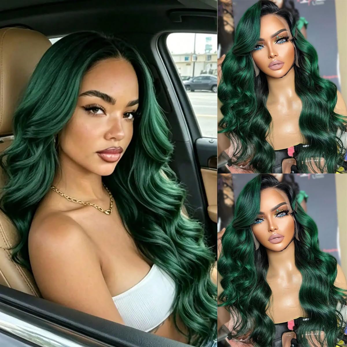 SISIFIRE Lace Front Wigs for Women Green Hair with Black Roots Loose Curly Wave Synthetic Body Wave Heat Resistant Fiber with Baby Hair Pre Plucked