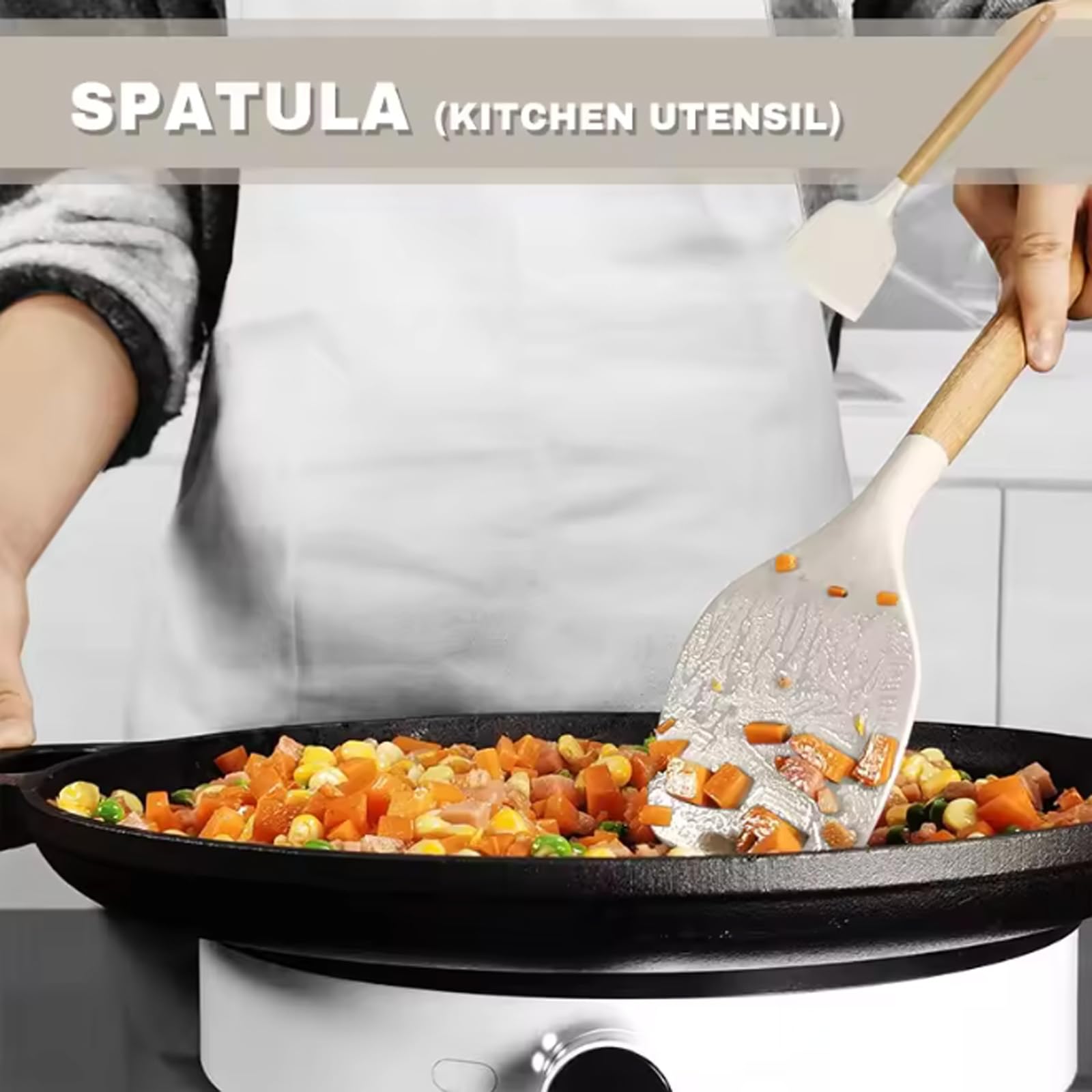 34 Stück Silikon Kochutensilien Kochbesteck Set,Küchenhelfer Set,Hitzebeständiger Kochgeschirr mit Utensilienhalter, Antihaft Kochset Küchenutensilien mit Holzgriff,Tongs,Whisk,Spatula (Beige)