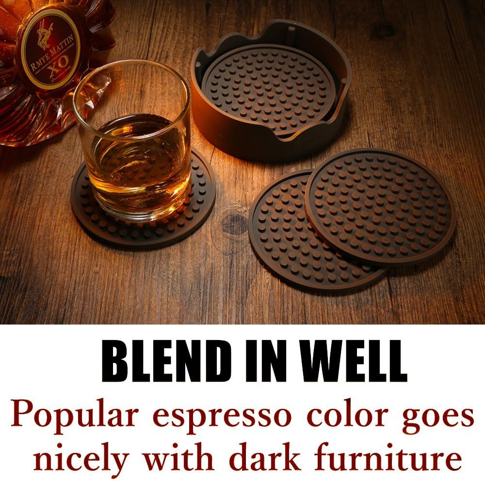 Wееklу Tор Sаlе Enkore Coasters Set of 6 with Holder, Coffee Brown - Protect Furniture from Water Damage and Scratch, Big Size Hold All Types of Glass for Drinks, Stay Put, Leak Proof,Non Slip Function On Both Sides