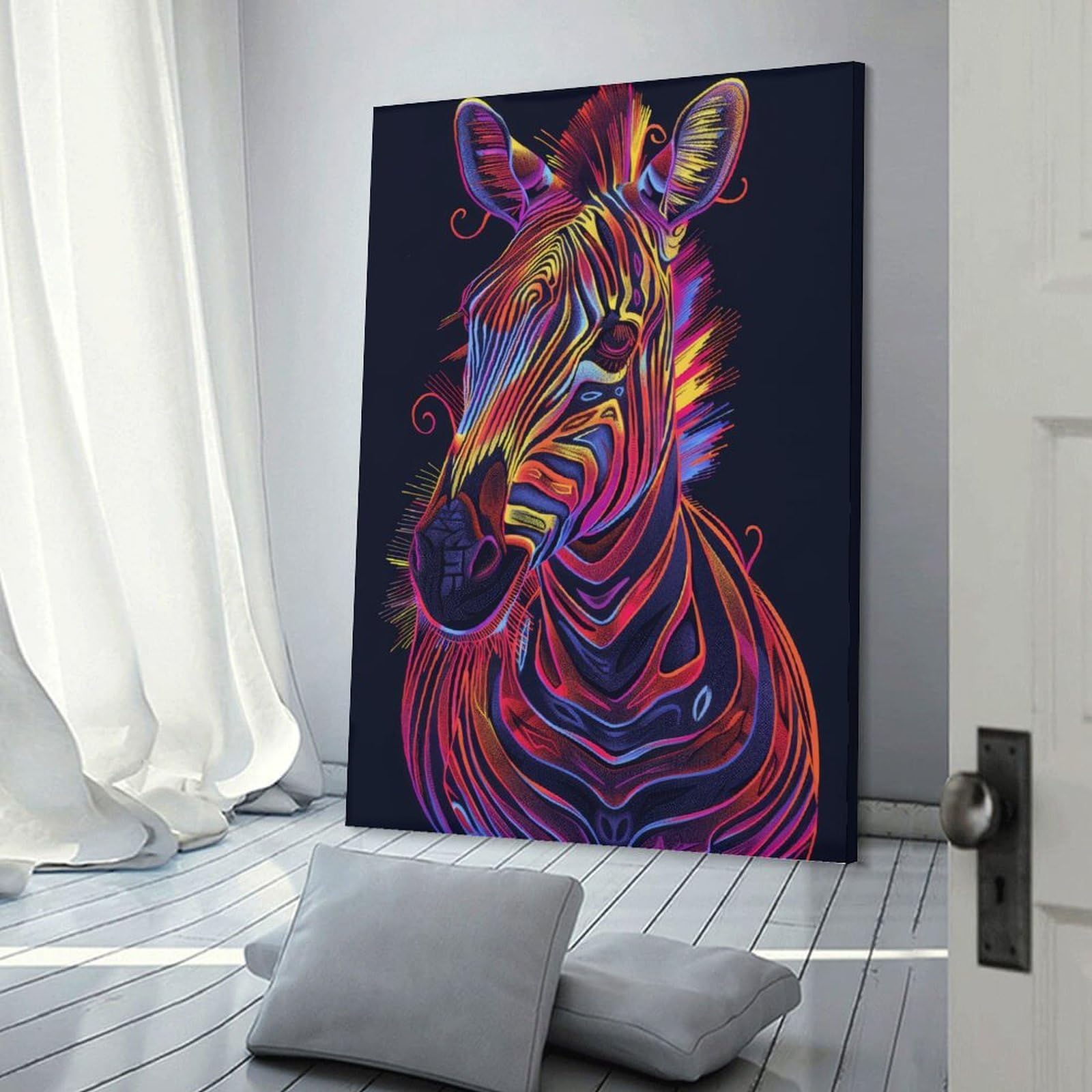 Junmoney Canvas Wall Art Neon Zebra Portrait, 20x30inch(50x75cm), for New Homes, Bedrooms Or Workspaces, Canvas Artwork with Gifting Potential