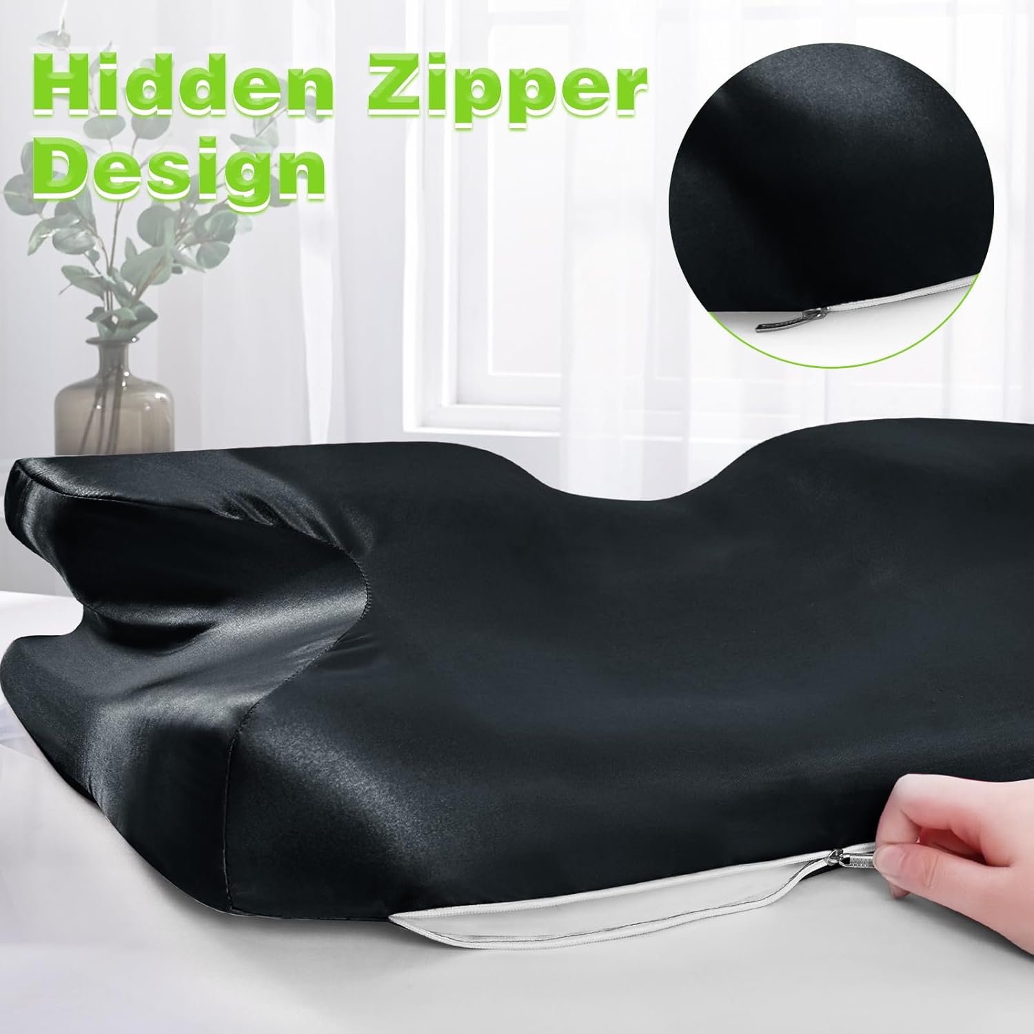 2 Pcs Satin Pillowcase for Cervical Pillow, Black Silky Cervical Pillow Case Contour Pillow Case Cover with Zipper, Smooth Ergonomic Pillowcase for Neck Pillow Cover