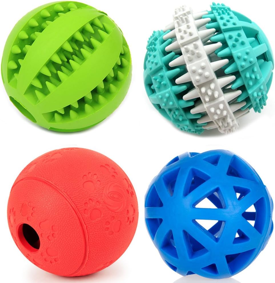 Treat Dispensing Dog Toy IQ Balls - Interactive Chew Toys and Smart Food Puzzle for Boredom, Dental Teething, Slow Down Feeding, 4 Pack.
