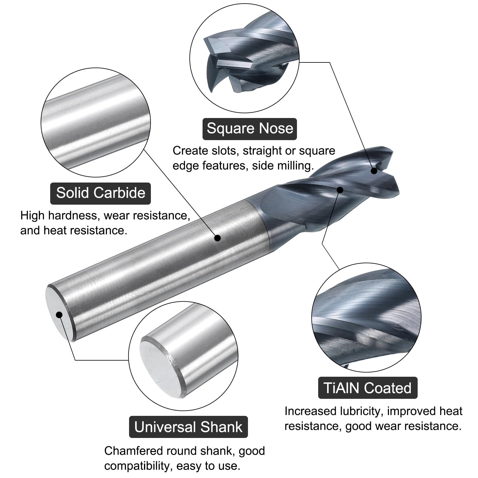 Bestparts High Performance 5pcs Solid Carbide End Mill, Altin Coated, 4