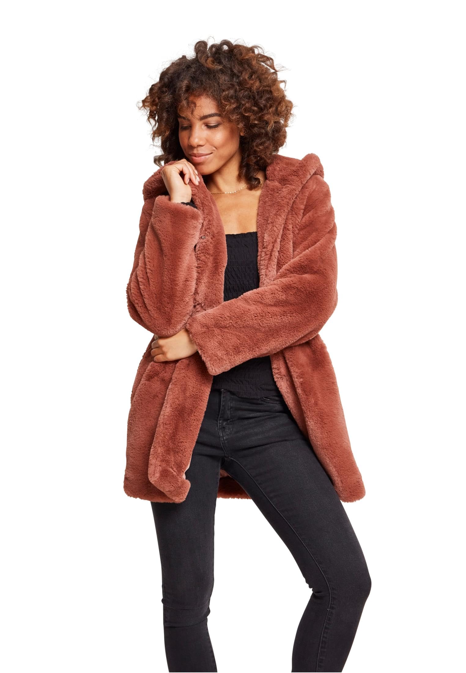 URBAN CLASSICS Abrigo de Pelo Sintético para Mujer con Capucha Grande, Chaqueta con Bolsillos Laterales y Cierre de Ojal, Talla 4XL darkrose