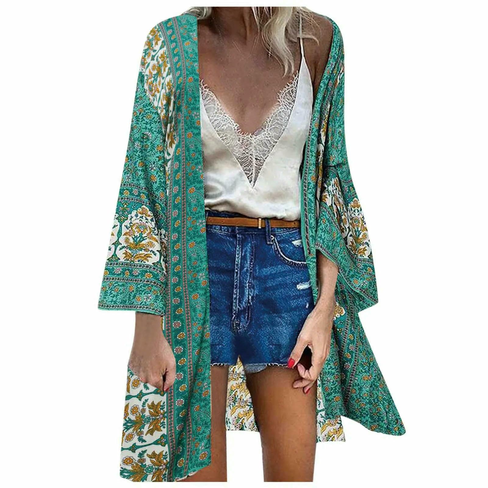 Copricostume da Spiaggia Summer Vintage Boemian Style Cardigan Casual Bikini Coprono Femmina Plus Size Kimonos Cardigans-Beige-l