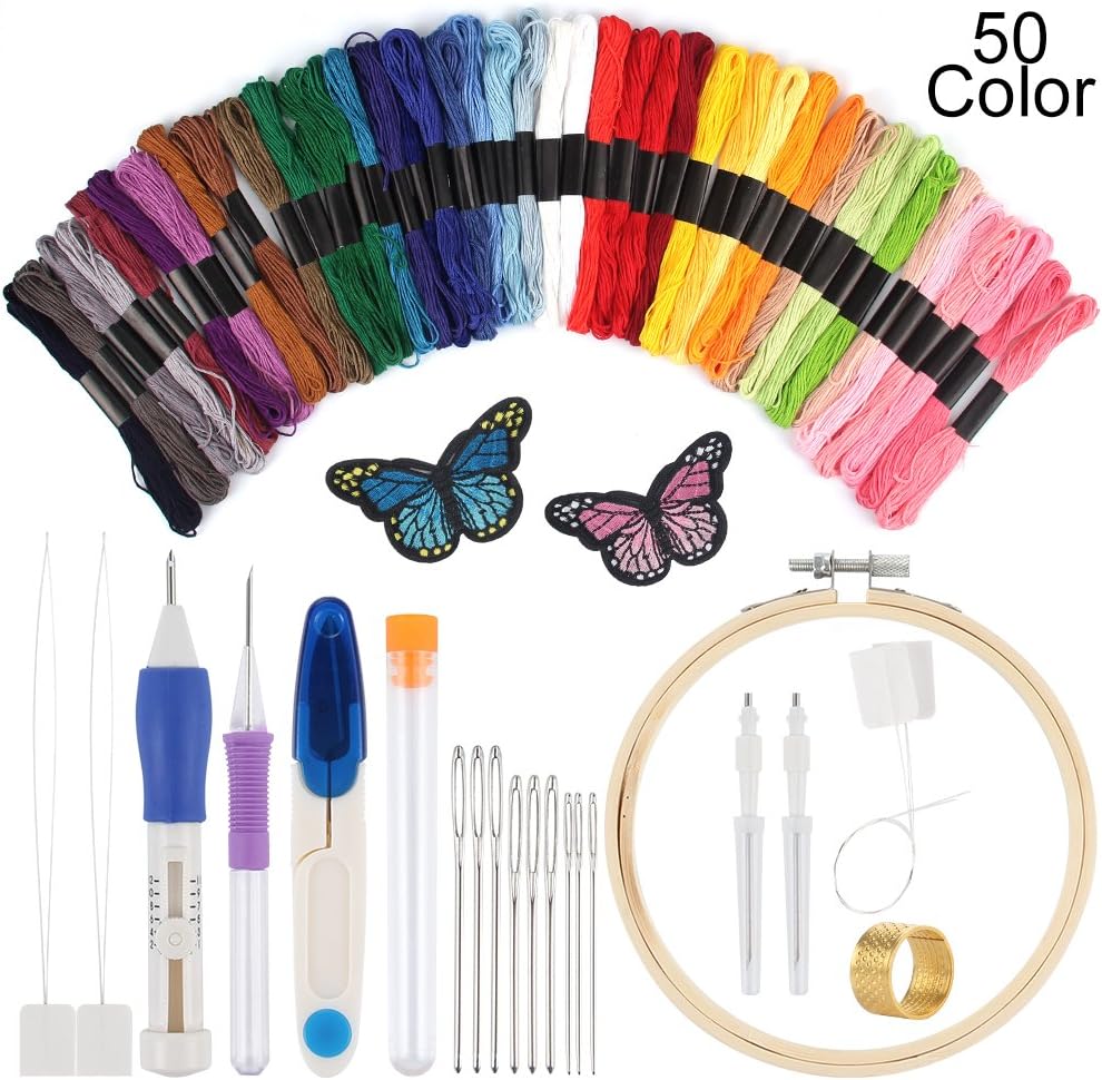Magic Embroidery Pen Punch Needles,blueelica Embroidery Stitching Punch Set Craft Tool Including 50 Color Threads for DIY Threaders Sewing Knitting