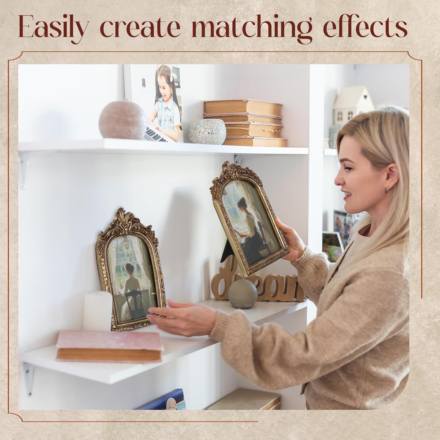 Wonderjune 3 Pcs Vintage Picture Frames Antique Set Baroque Ornate Gold Arched Photo Frames with Glass, Tabletop or Wall for Home Decor Photography Props Gifts(4x6, 5x7, 6x8 Inches,Elegant)