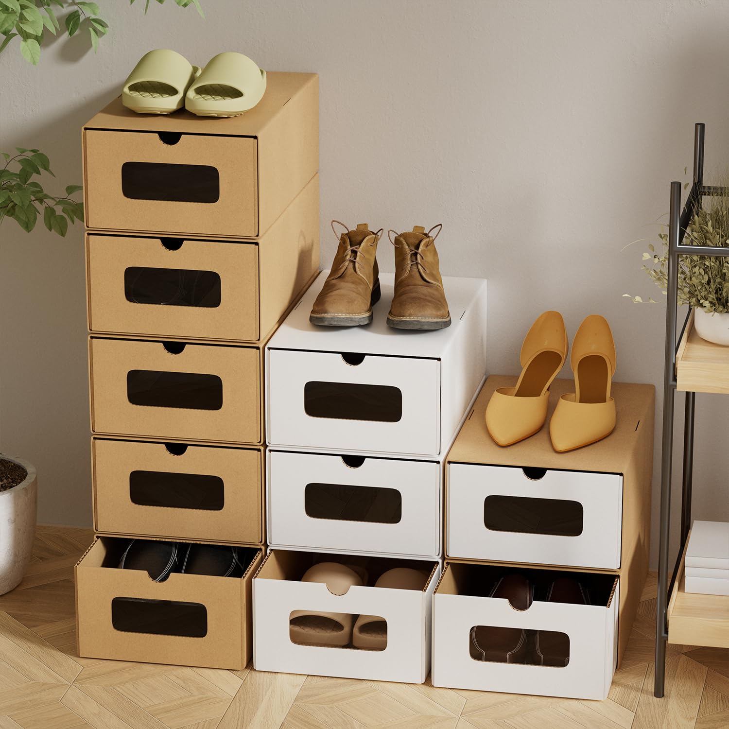 Scatole portaoggetti con finestra di visualizzazione, set da 10, 33 x 30 x 35 cm, Scatole per scarpe impilabili in cartone, Scatola per scarpe Scatola per giocattoli Contenitore per accessori