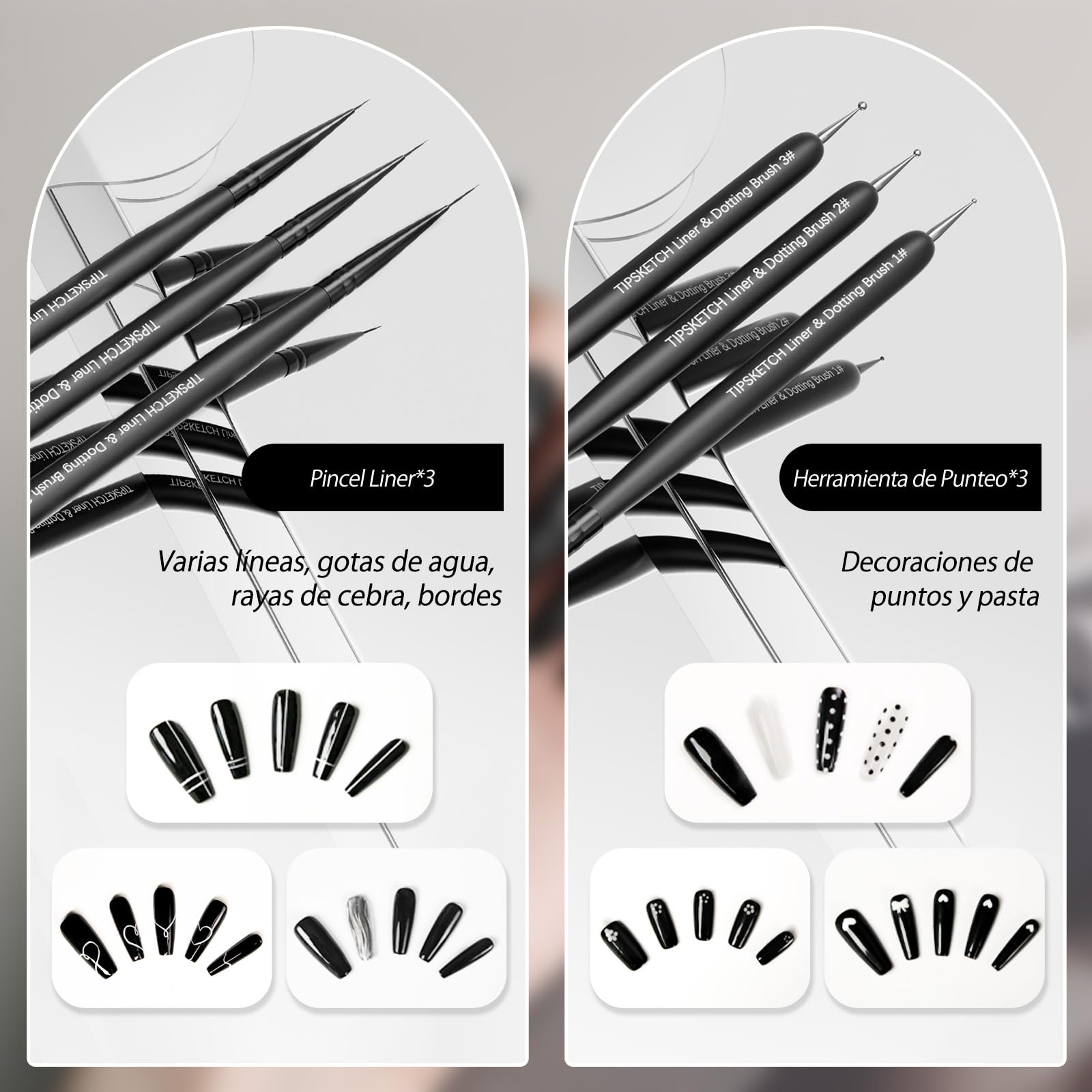 Pinceles para Uñas Set de 8 con tapas protectoras y bolsa de almacenamiento,Pinceles Nail Art con Pincel Liner,Dotting Pen,Pincel Francés y más para Uñas en Gel y Manicura Profesional