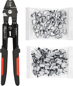 Sanuke Wire Rope Crimping Tool for Aluminum Crimping Loop Sleeves, with 60PCS M2 Thimbles and 200PCS M1.5 Sleeves, Swager Tool for 3/64 1/16 5/64 inch Stainless Steel Cable Crimper