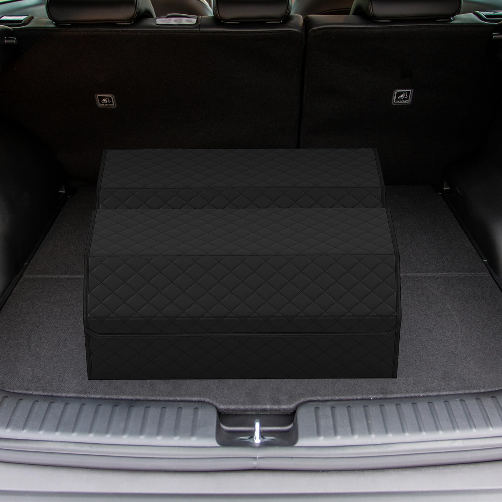 COSTWAY Organizador de Maletero de Coche de Cuero con Tapa, Caja de Almacenamiento Plegable con Divisor Extraíble y Gran Capacidad para SUV, Sedán, Camping y Hogar (51 L,Negra Superficie Acolchada)