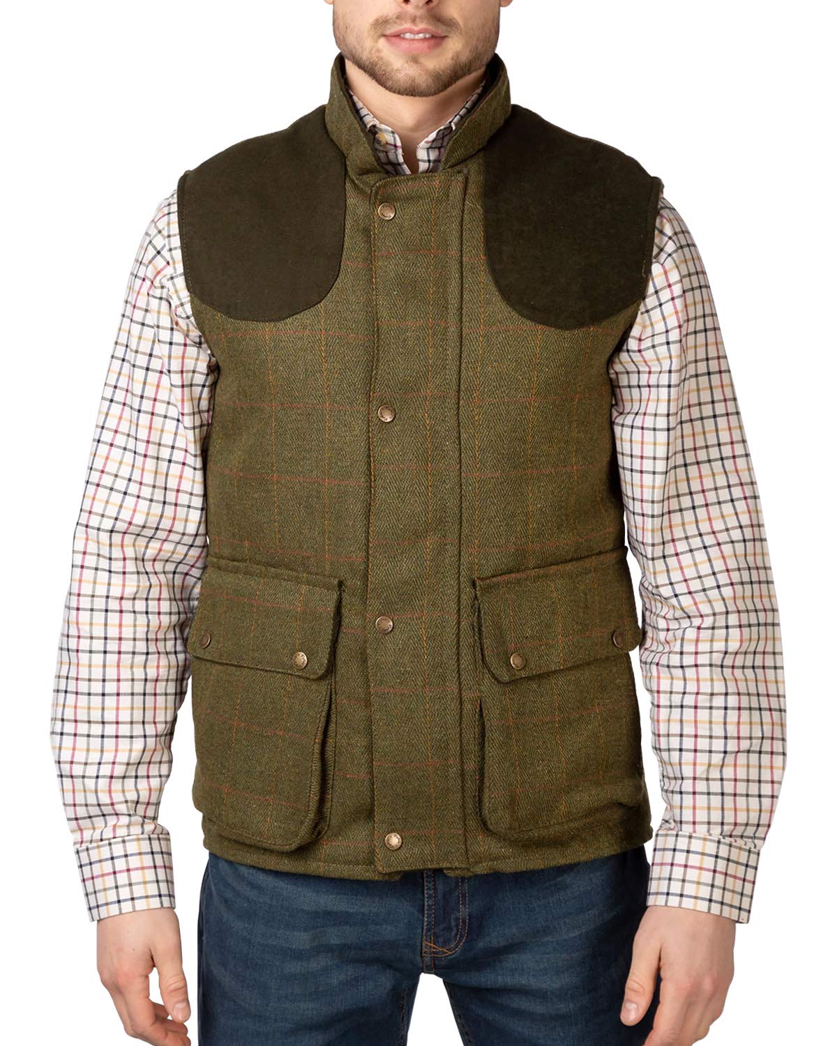 Rydale Men's Dark Olive Tweed Wykeham Check Wool Tweed Waistcoat Country Gents Gilet Bodywarmer