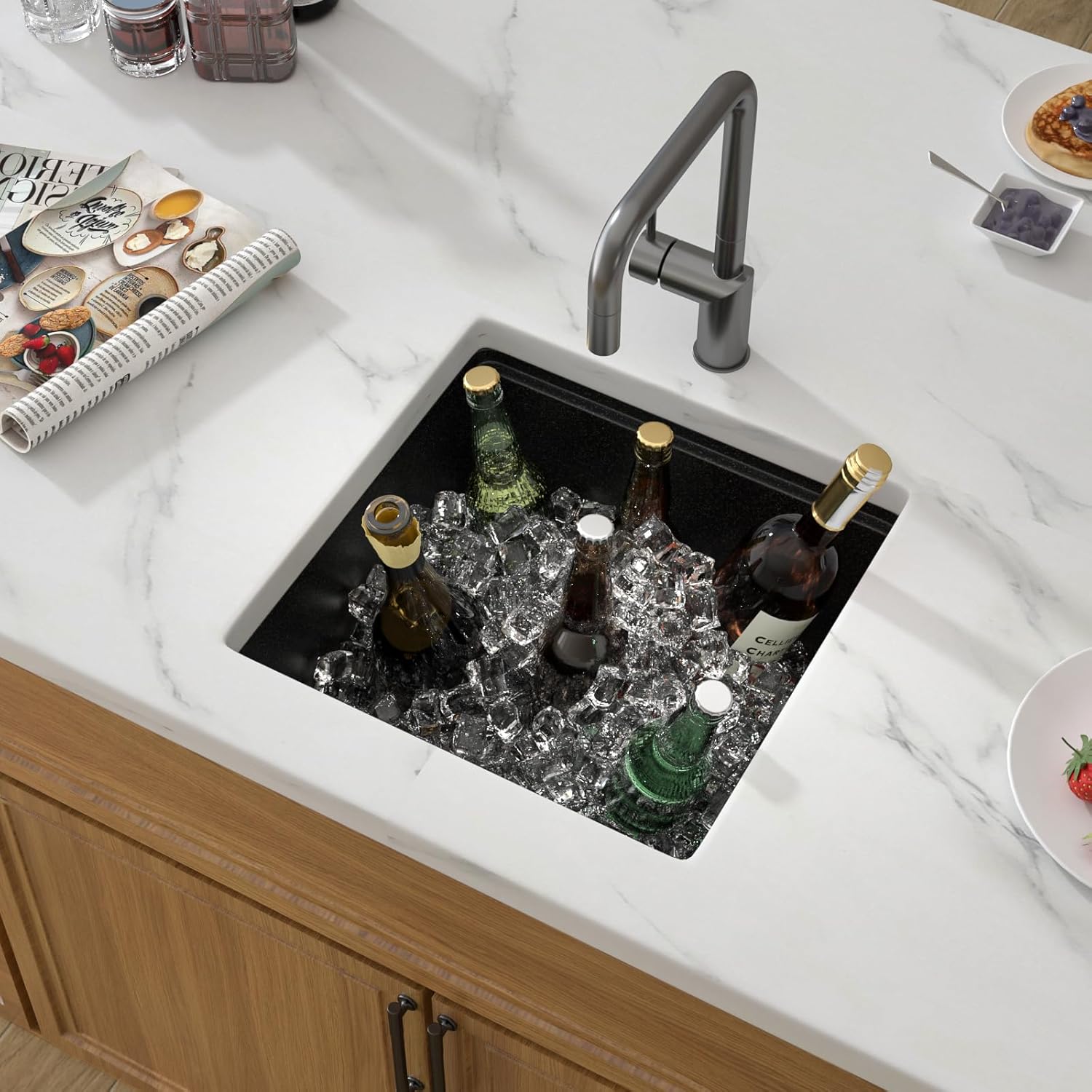 18 Black Undermount Bar Sink- 18''x18'' Black Wet Bar Prep Sink Under Counter Granite Composite Quartz Small Workstation Sinks Natural Stone Single Bowl