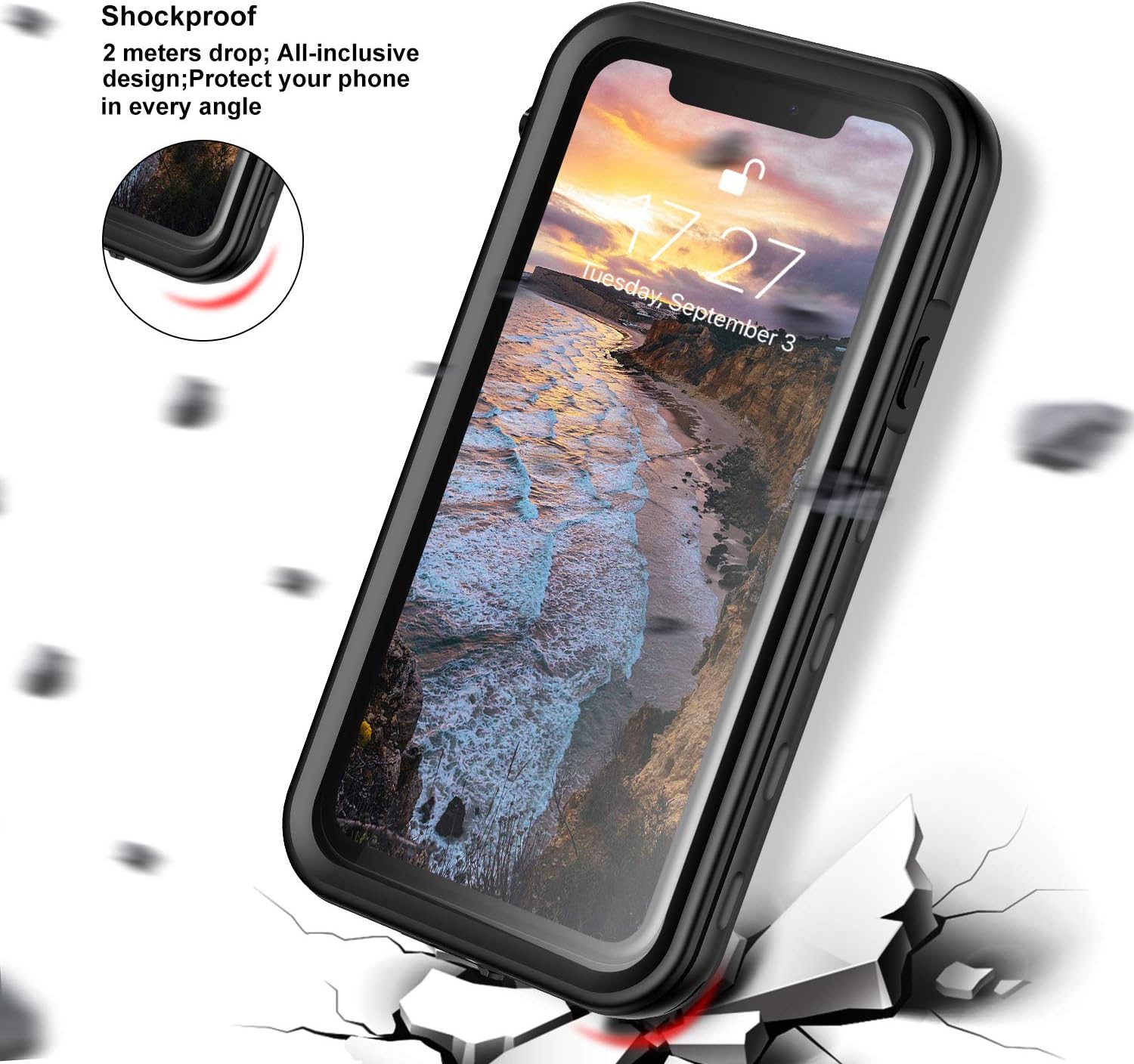 Janazan iPhone XR Waterproof Case, 360 Full Body Clear Protective Case with Built-in Screen Protector, Waterproof Shockproof Snowproof Dustproof for iPhone Xr (Black/Clear)