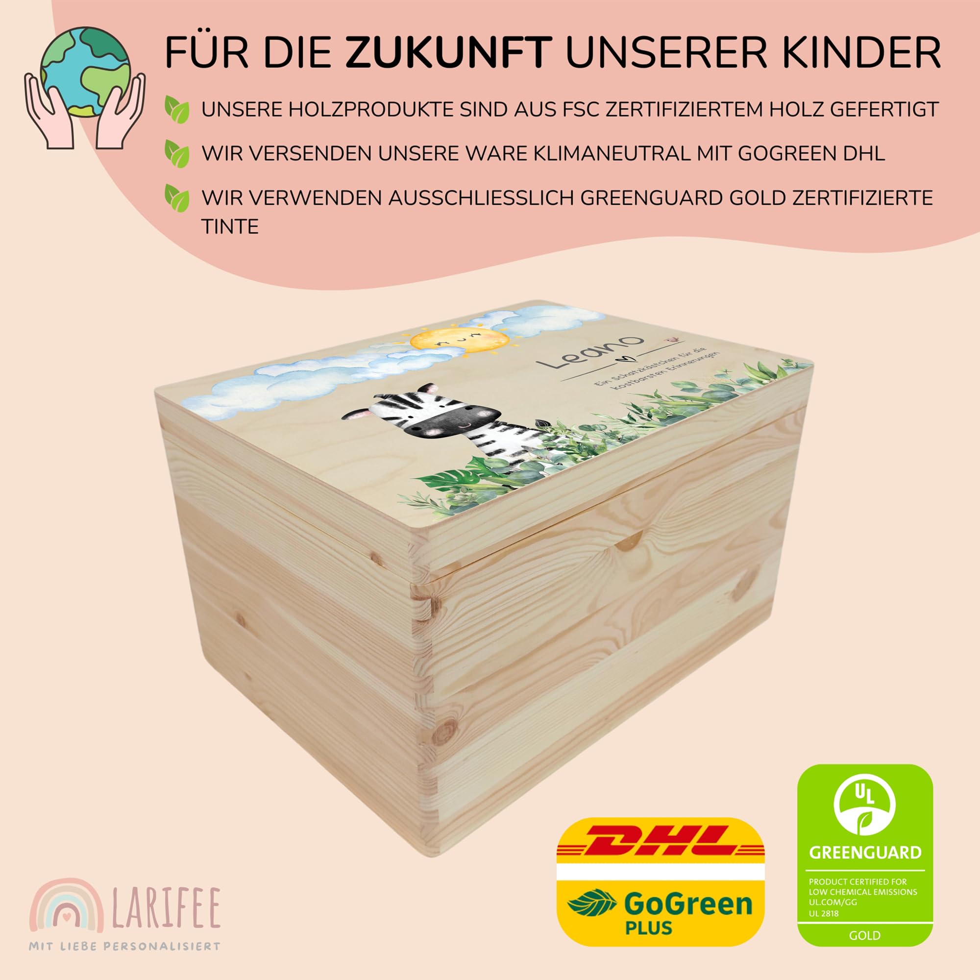 LARIFEE personalisierte Erinnerungsbox Zebra – Holzkiste für Baby Andenken groß 40x30x23 cm – Geschenk Geburt, Taufe & Babygeschenk
