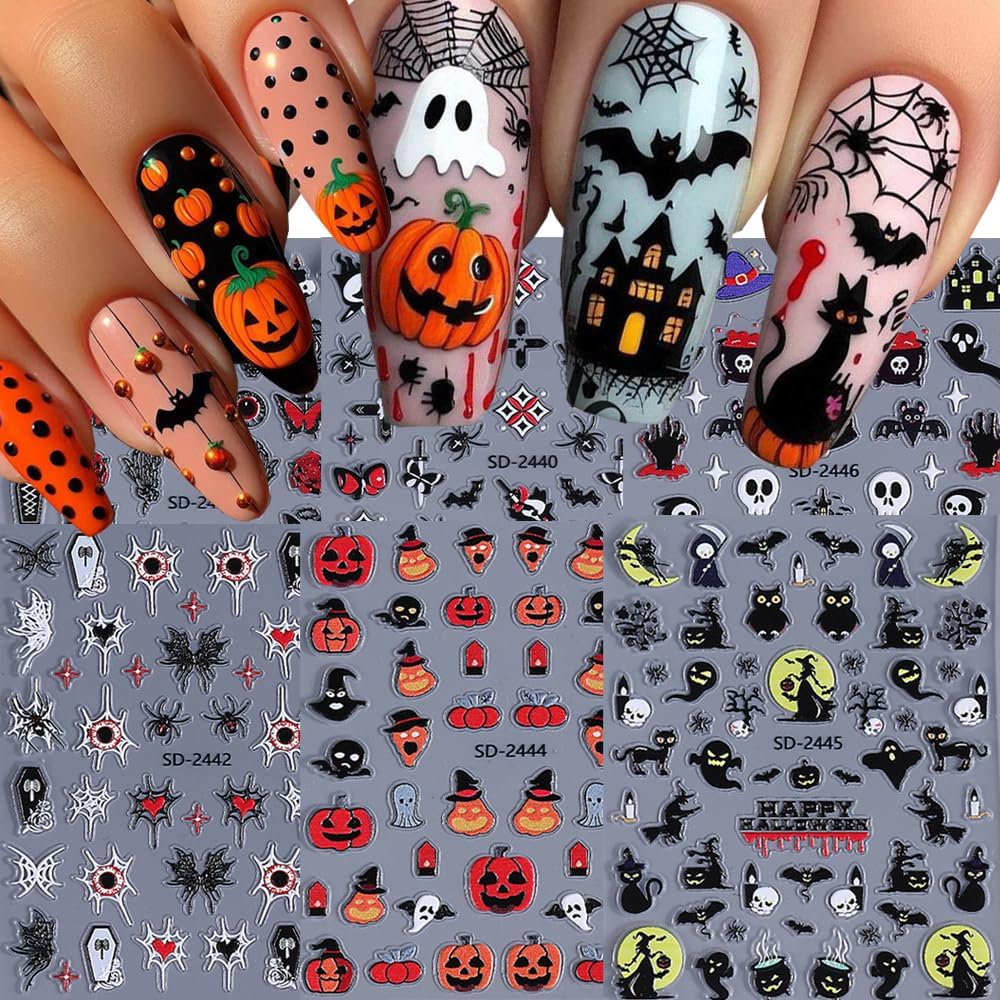 6 Sheets Halloween Nail Stickers for Nail Art, 5D Self-Adhesive Nail Decals