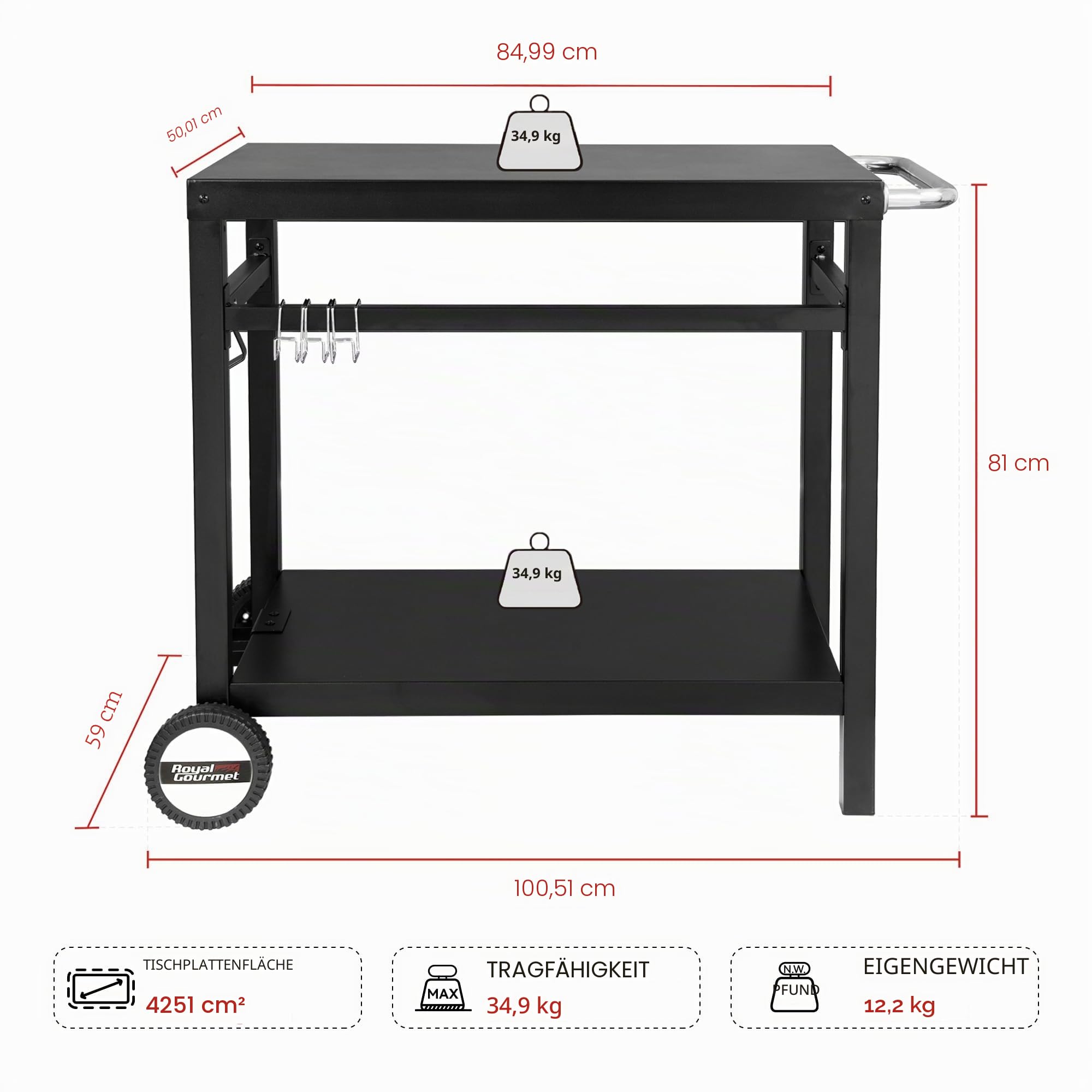 Royal Gourmet Grillwagen Grilltisch Outdoor Beistelltisch Garten Trolley Outdoorküche Multifunktioneller Arbeitstisch Werkbank für Outdoor BBQ Servierwagen Arbeitsplatte 85x50 cm