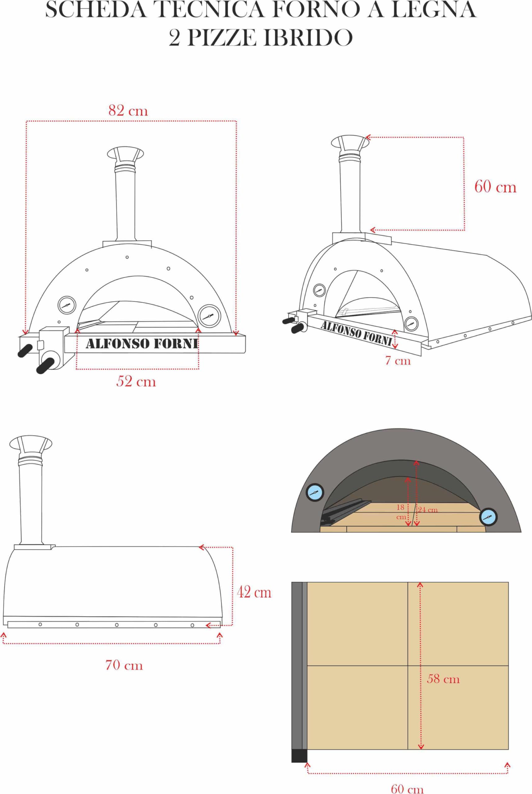 Forno pizza ibrido a gas e legna - 2 pizze - da esterno, uso tradizionale a legna o con bruciatore a gas - pietra refrattaria 3 cm, 500 gradi, Made in Italy (Solo forno senza bruciatore)