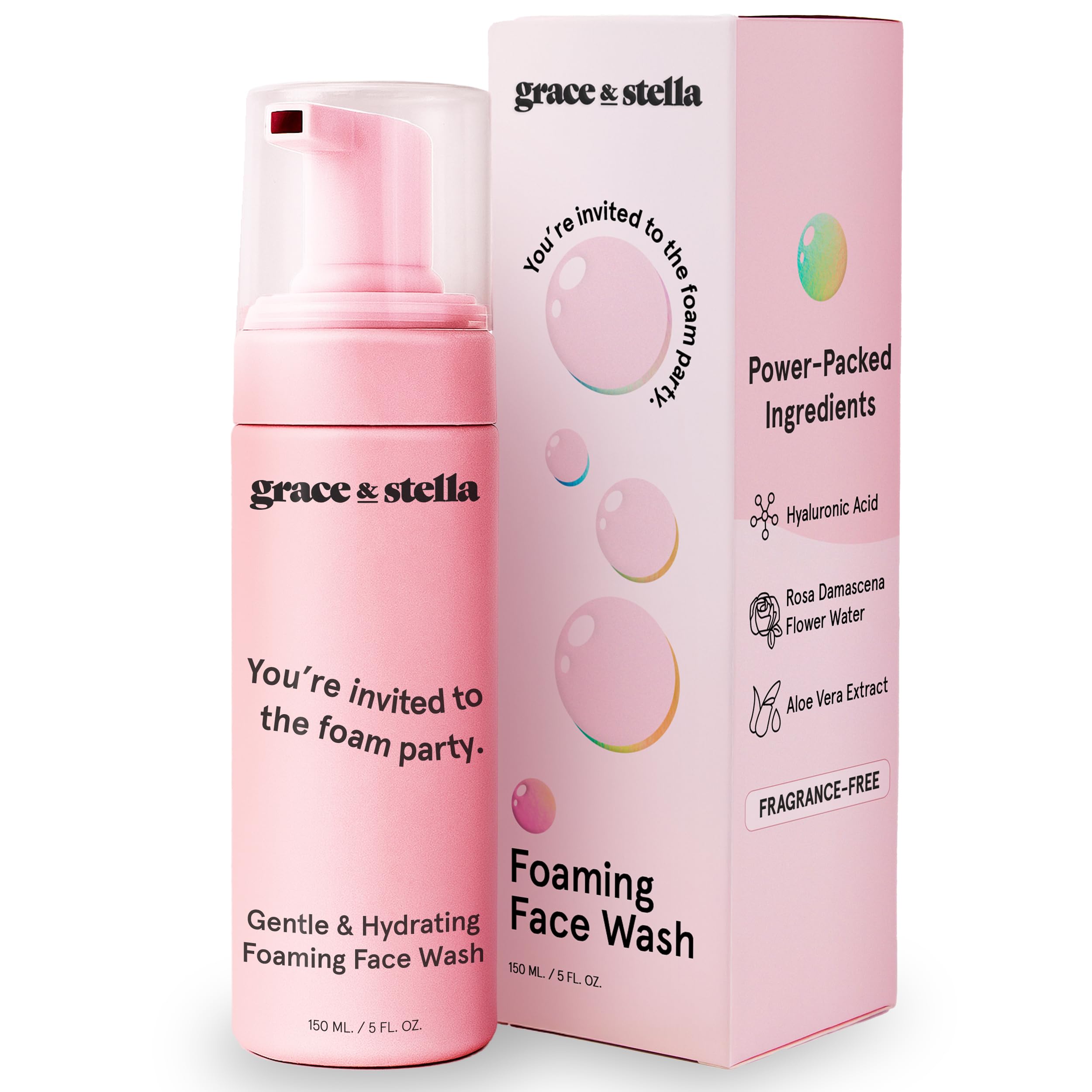 grace & stella Award Winning Hydrating Face Wash (150ml) - Gentle Foaming Facial Cleanser with Hyaluronic Acid, Rose Water, Aloe Vera - Moisturizing Cleansing Foam for Normal to Very Dry Skin - Vegan