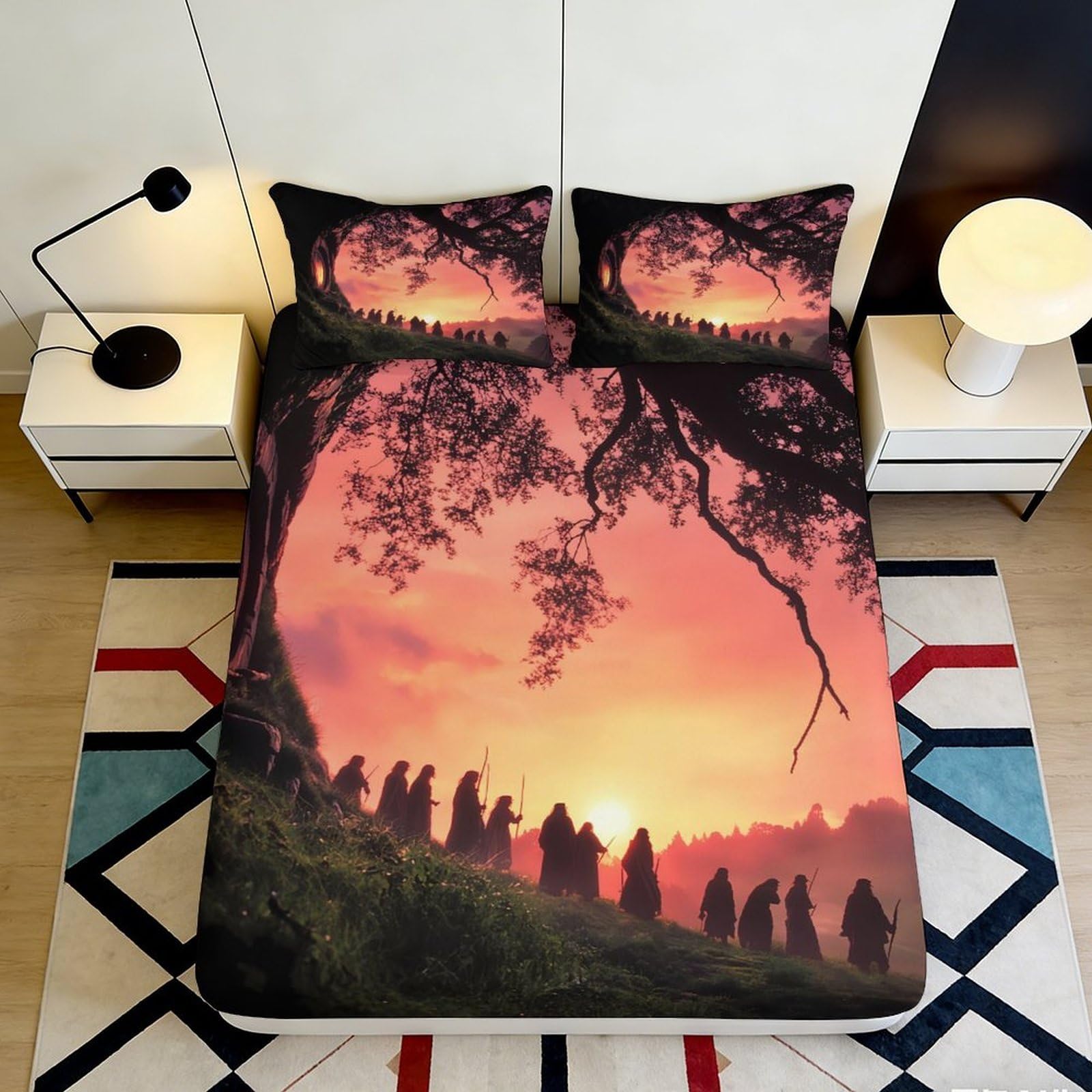 3D Printed Sunset Forest Fitted Sheet Microfiber Deep Pocket Elastic Hem Bedroom Bedding Sunset Forest Mattress Fitted Cover Washable 200x200x25cm