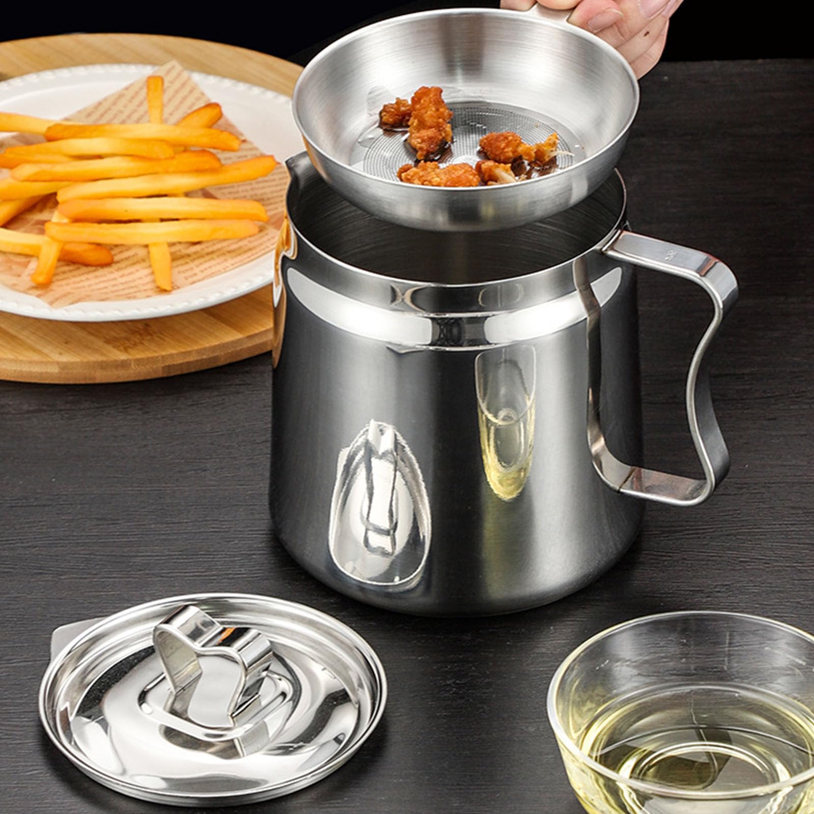 Recipiente de filtro de aceite de acero inoxidable de alta capacidad, tapa y colador, sartenes para camping, cocina al aire libre, caldera de filtro de aceite de grado alimenticio