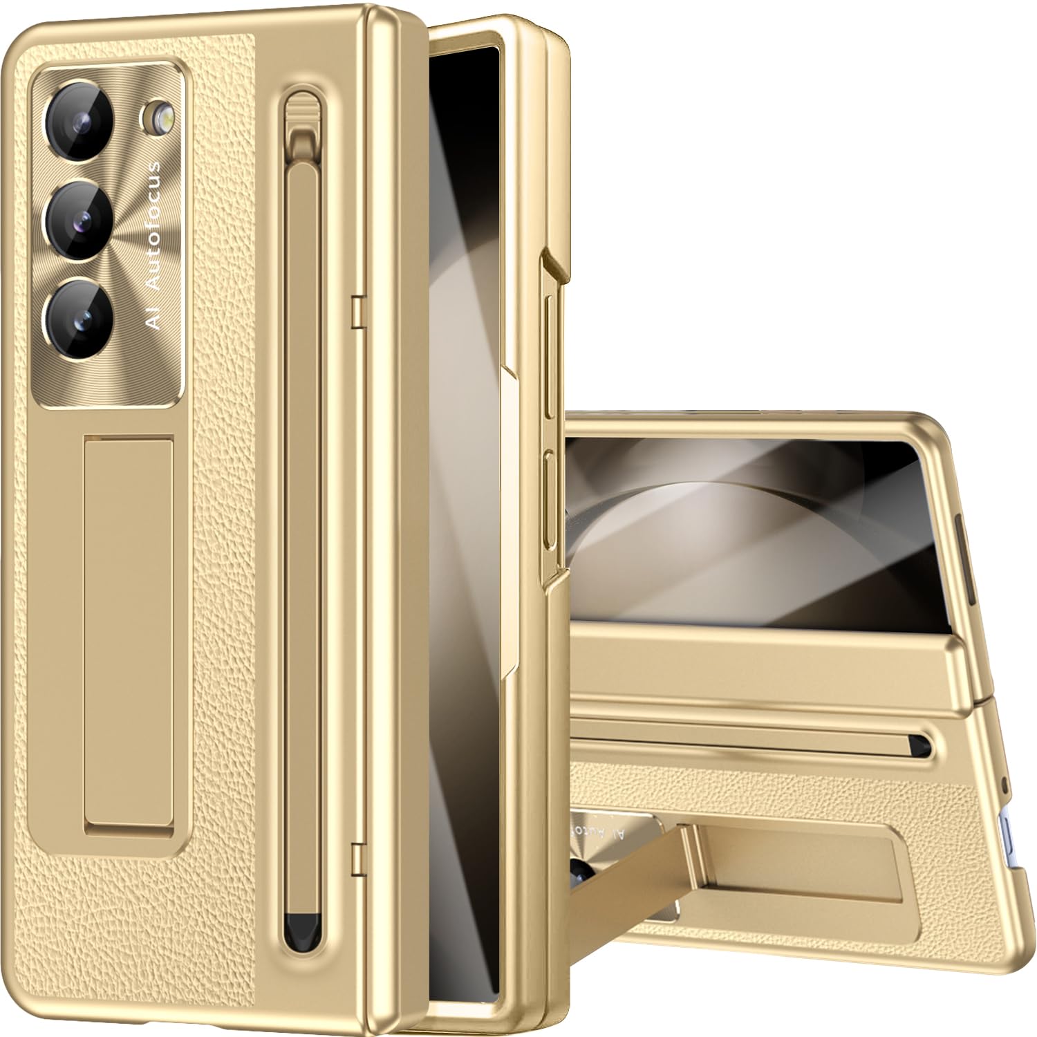 NINKI for Samsung Z Fold 5 Case with S Pen and Kickstand, Built in Screen Protector Hinge Protective Plating Leather Phone Cover for Samsung Galaxy Z