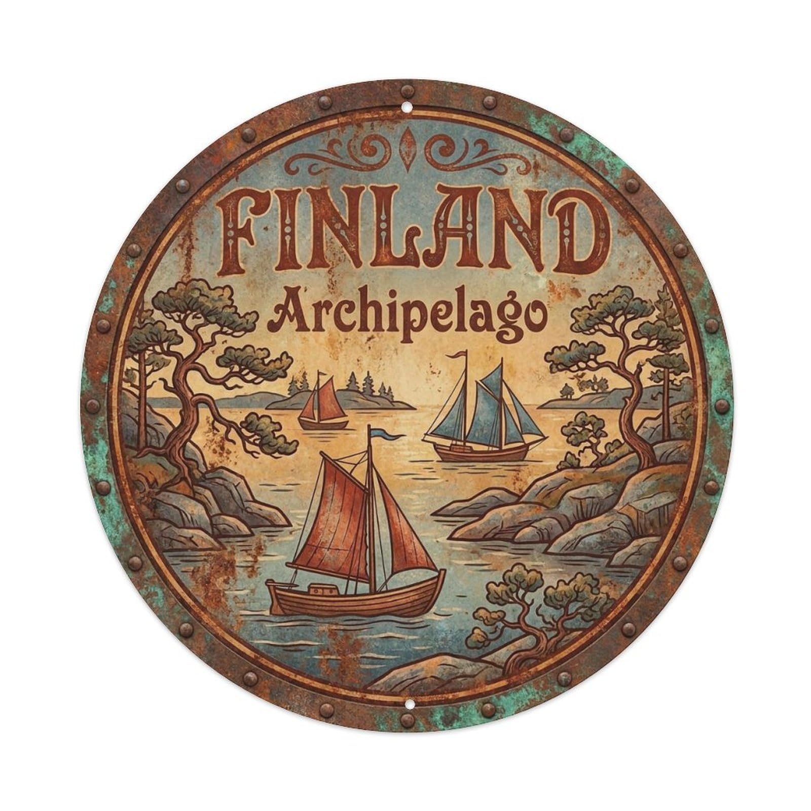 Vintage Travel Finland Mesmerizing Metal Tin Sign Plaque Wall Decor for Cafe, Club, Garden Round Metal Poster 8x8Inch