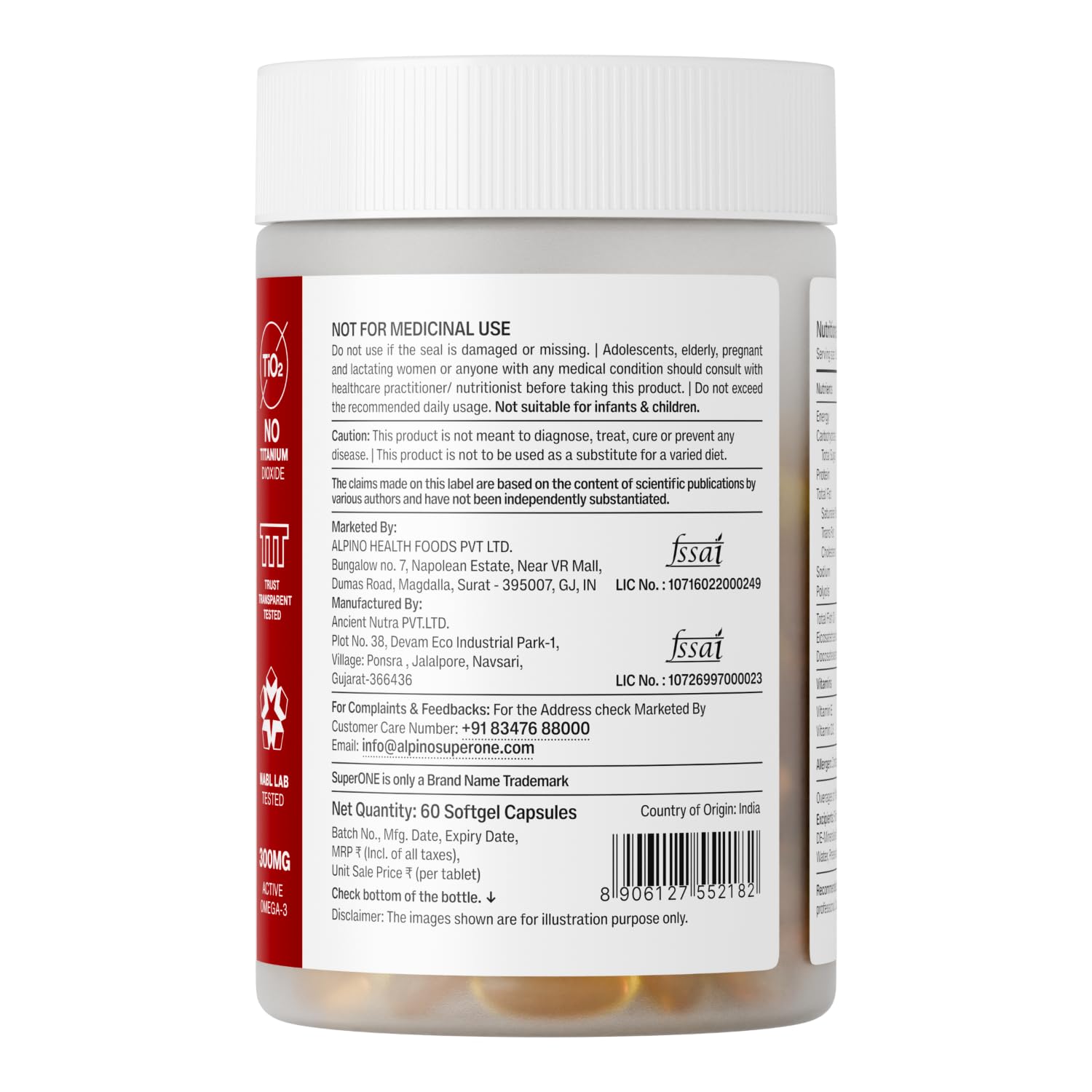 Alpino SuperONE Omega-3 Fish Oil + D3 Capsules | 180mg EPA & 120mg DHA with Vitamin D3 & E | Heart, Brain & Eye Health Support | 60 Softgels